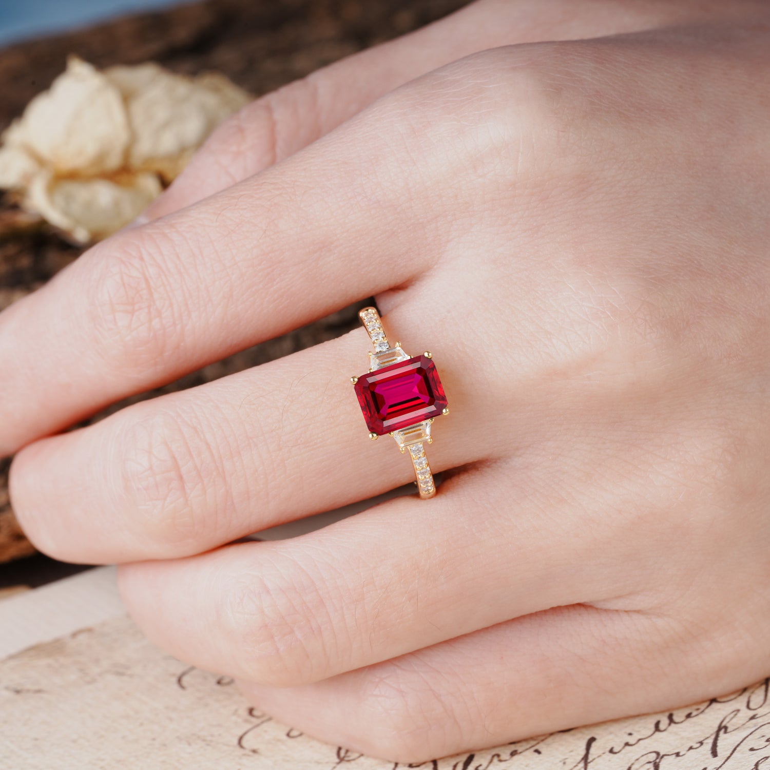 Luxurious Classic 4-Prong Emerald Cut Ruby Three Stones Wedding Ring