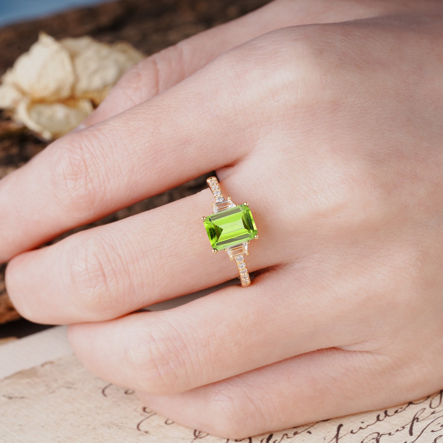 Luxurious Classic 4-Prong Emerald Cut Peridot Three Stones Wedding Ring