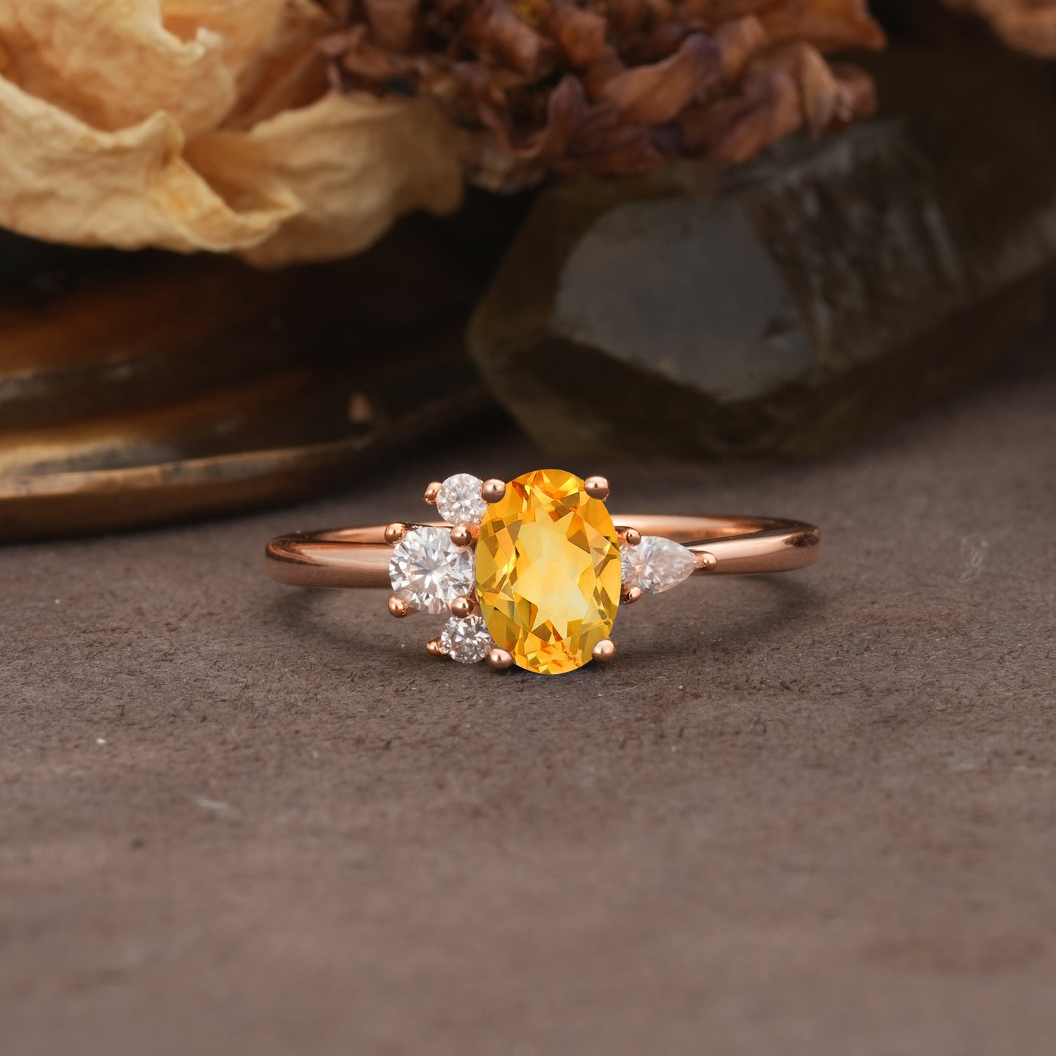 Unique & Classic 4-Prong Setting with Oval-Cut Side Stones Citrine Engagement Ring - Additional view