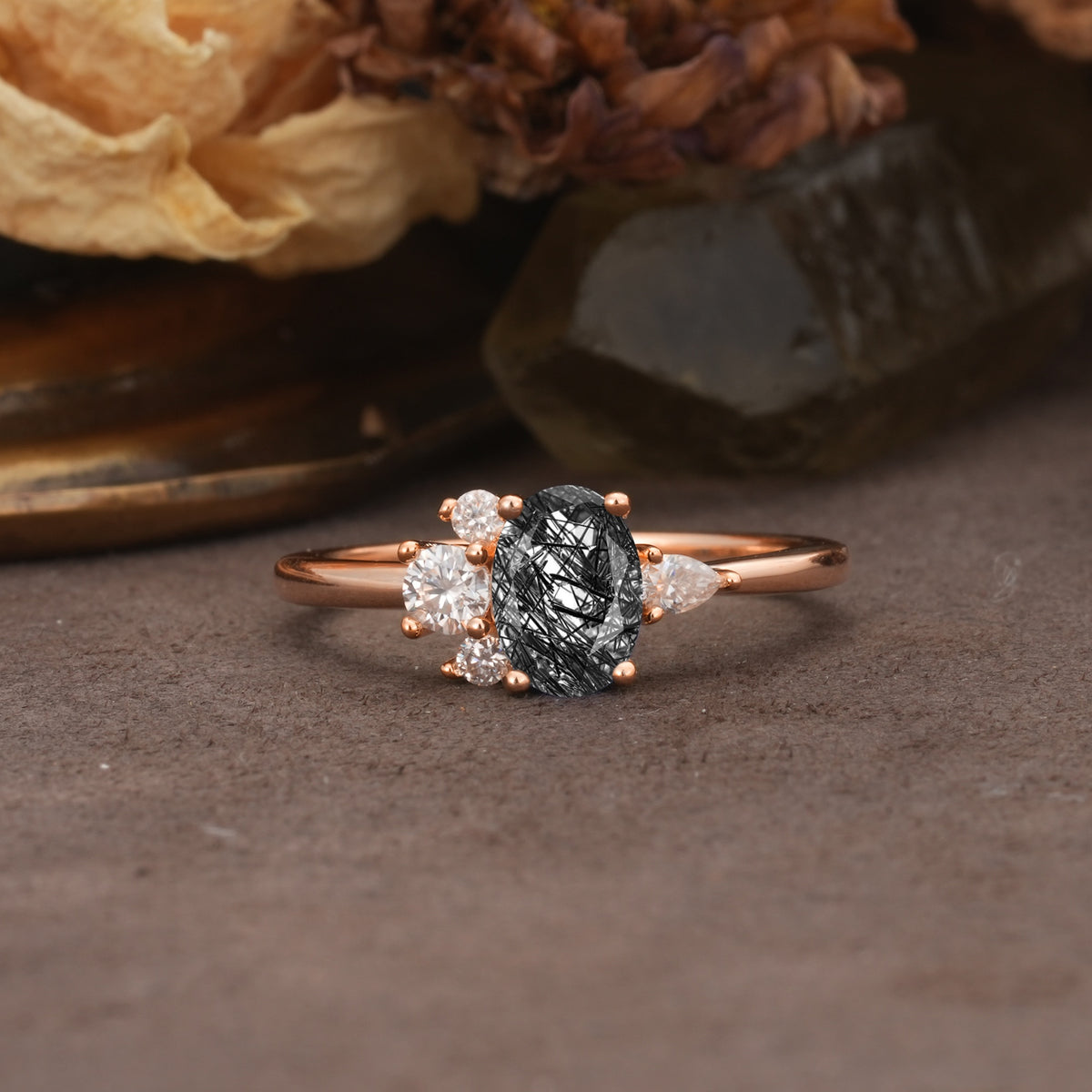 Unique & Classic 4-Prong Setting with Oval-Cut Side Stones Black Rutilated Quartz Engagement Ring - Additional view