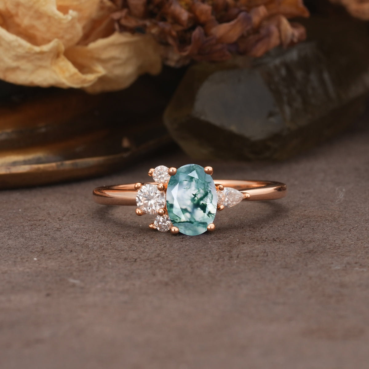Unique & Classic 4-Prong Setting with Oval-Cut Side Stones Moss Agate Engagement Ring - Additional view
