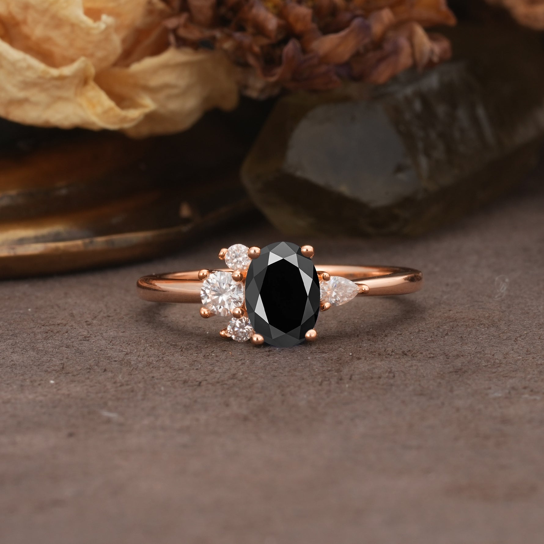 Unique & Classic 4-Prong Setting with Oval-Cut Side Stones Black Onyx Engagement Ring - Additional view