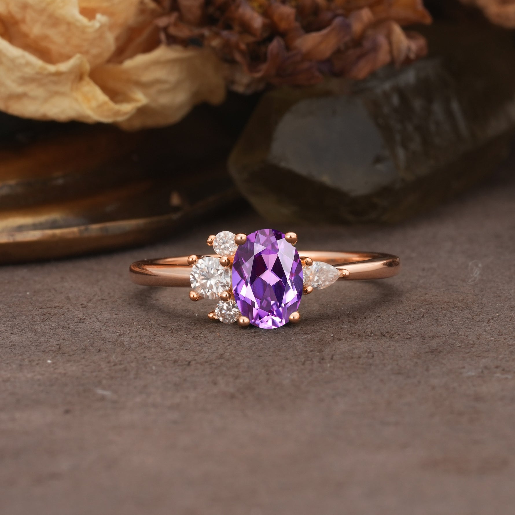 Unique & Classic 4-Prong Setting with Oval-Cut Side Stones Amethyst Engagement Ring - Additional view