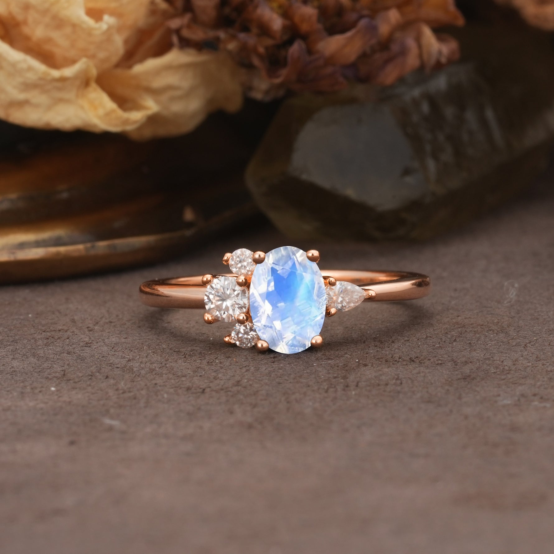 Unique & Classic 4-Prong Setting with Oval-Cut Side Stones Moonstone Engagement Ring - Additional view