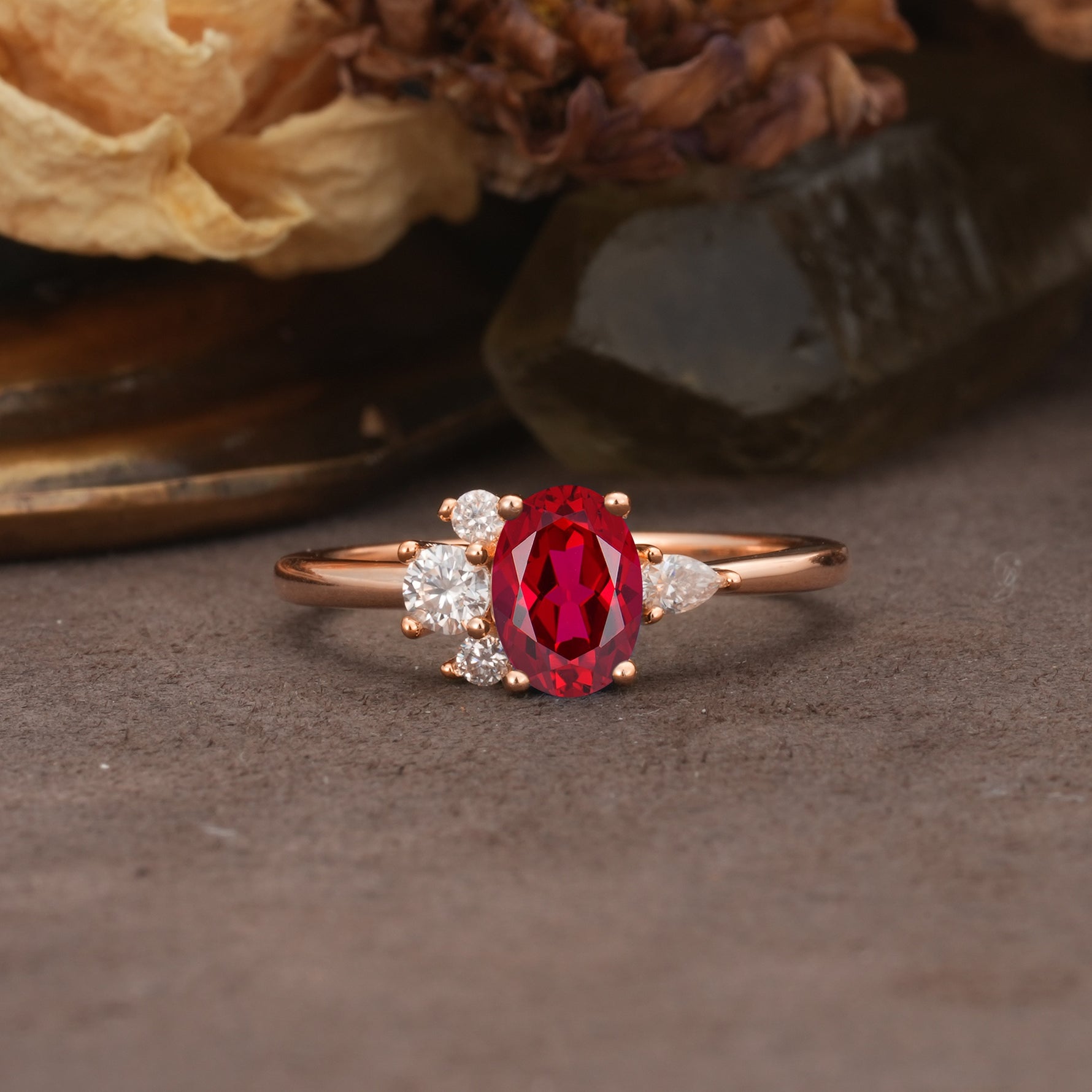 Unique & Classic 4-Prong Setting with Oval-Cut Side Stones Ruby Engagement Ring - Additional view