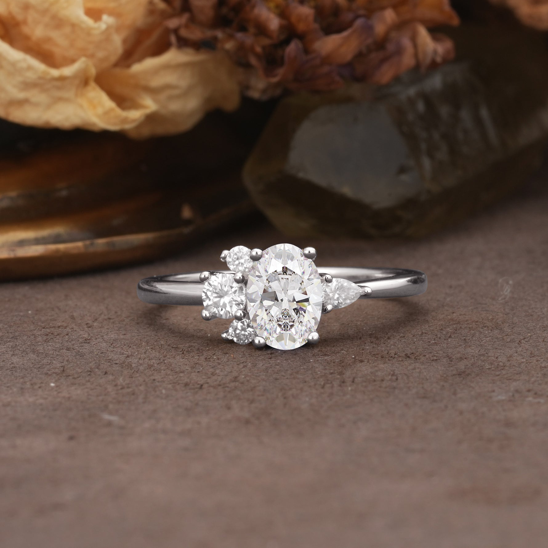 Unique & Classic 4-Prong Setting with Oval-Cut Side Stones Moissanite Engagement Ring - Additional view