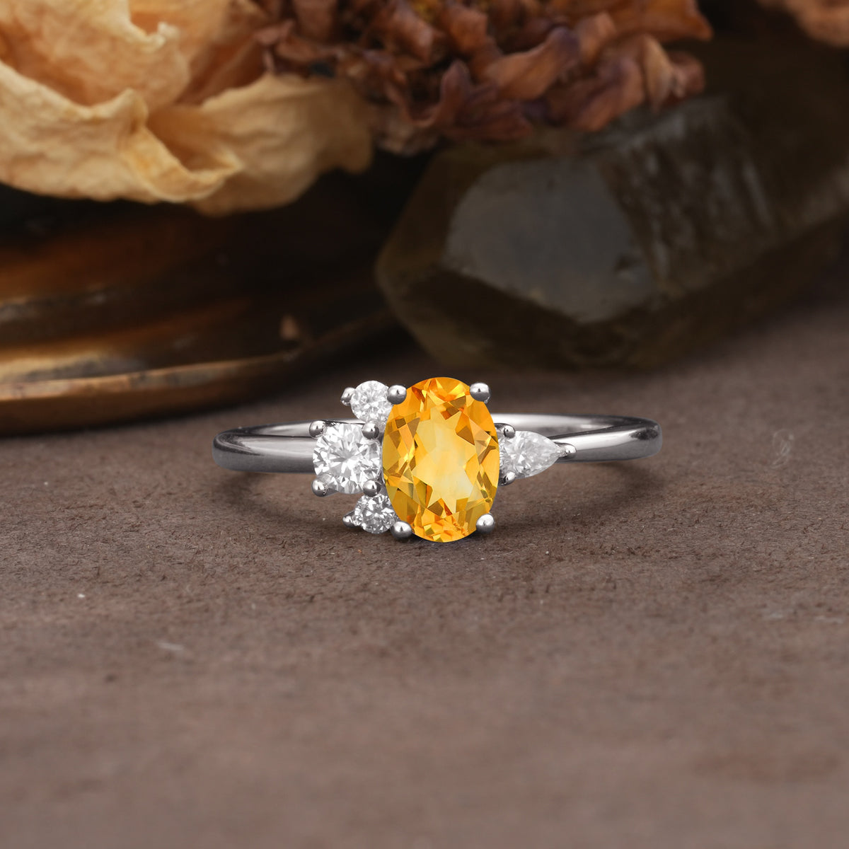 Unique & Classic 4-Prong Setting with Oval-Cut Side Stones Citrine Engagement Ring - Additional view