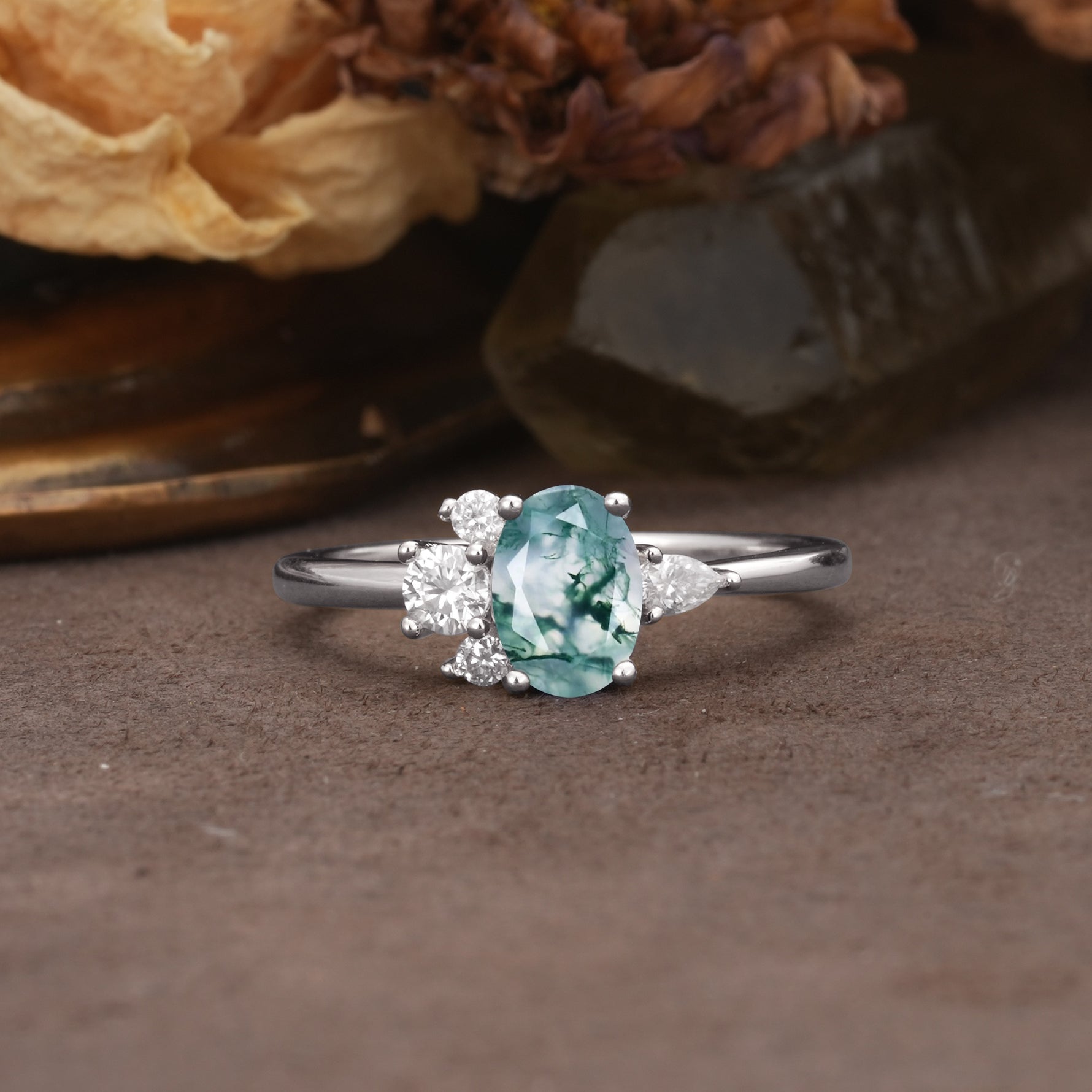 Unique & Classic 4-Prong Setting with Oval-Cut Side Stones Moss Agate Engagement Ring - Additional view