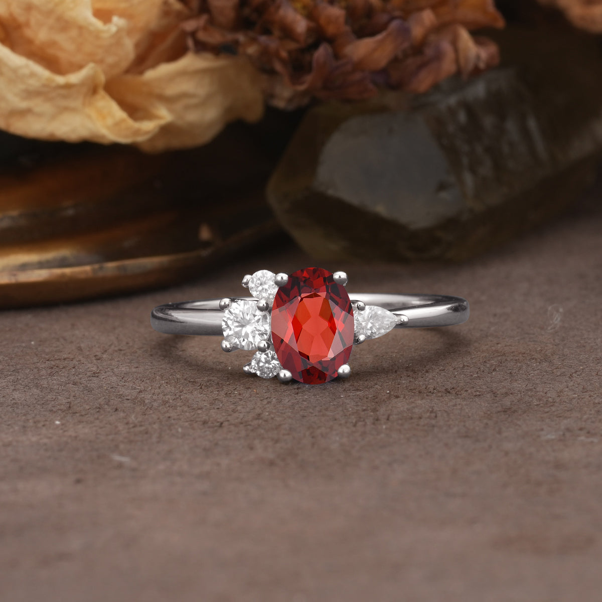 Unique & Classic 4-Prong Setting with Oval-Cut Side Stones Garnet Engagement Ring - Additional view