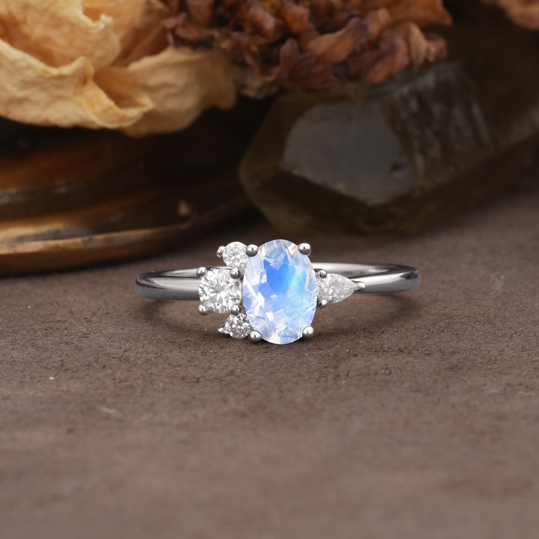 Unique & Classic 4-Prong Setting with Oval-Cut Side Stones Moonstone Engagement Ring - Additional view