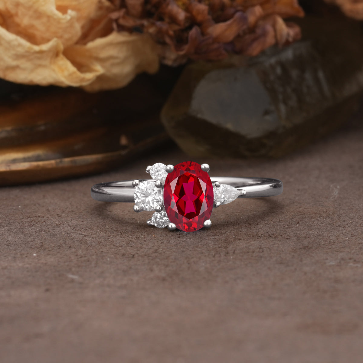 Unique & Classic 4-Prong Setting with Oval-Cut Side Stones Ruby Engagement Ring - Additional view