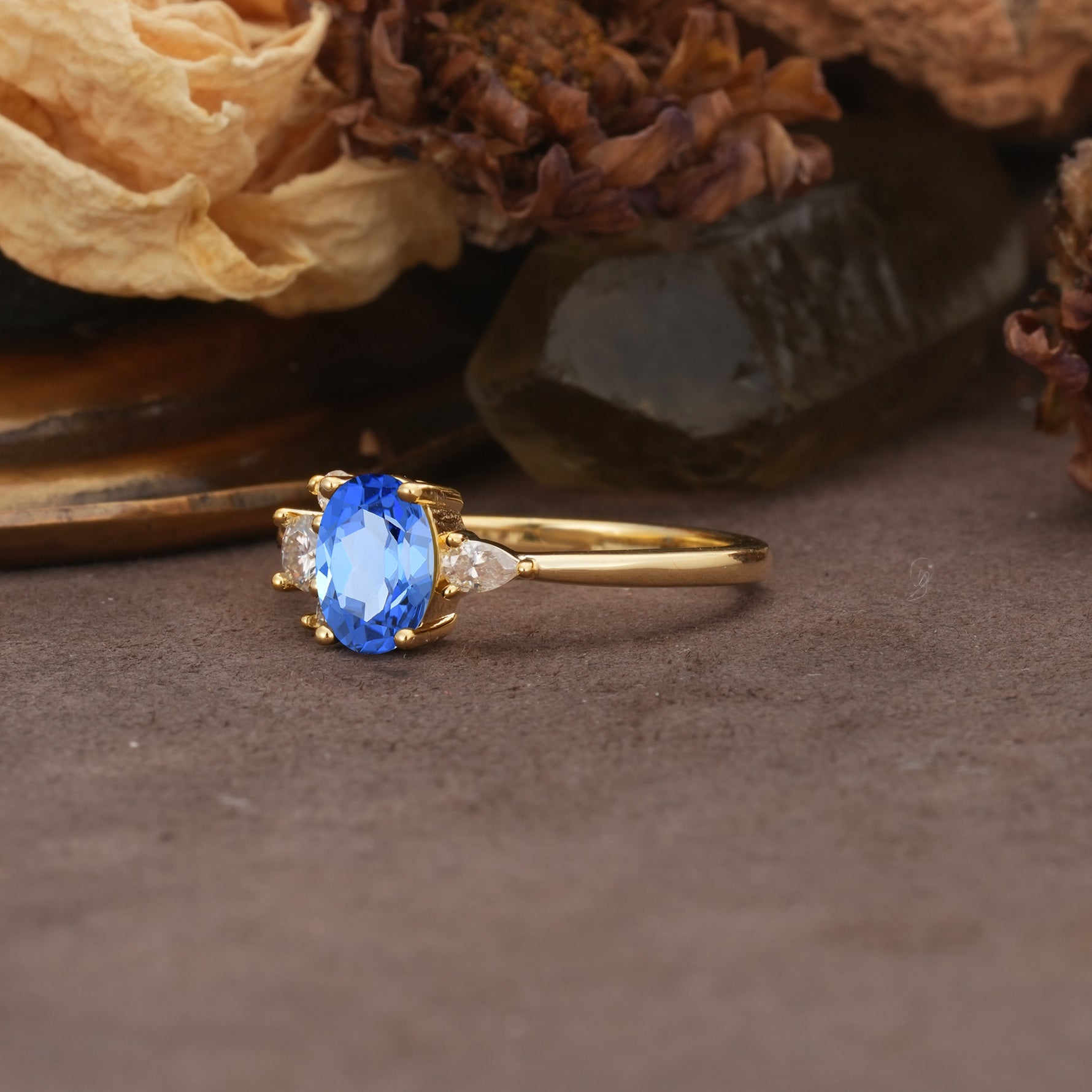Unique & Classic 4-Prong Setting with Oval-Cut Side Stones Sapphire Engagement Ring - Additional view