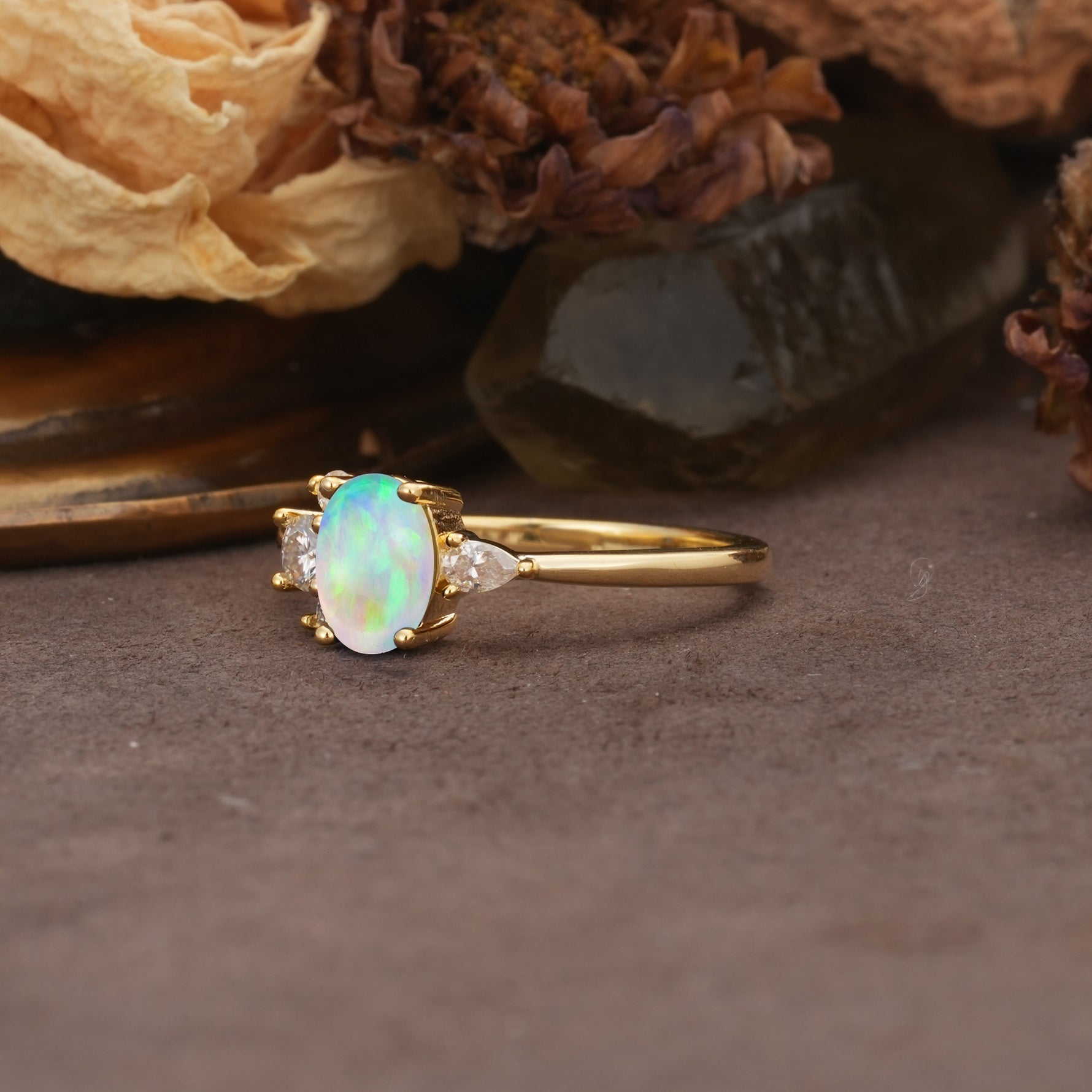 Unique & Classic 4-Prong Setting with Oval-Cut Side Stones Fire Opal Engagement Ring - Additional view
