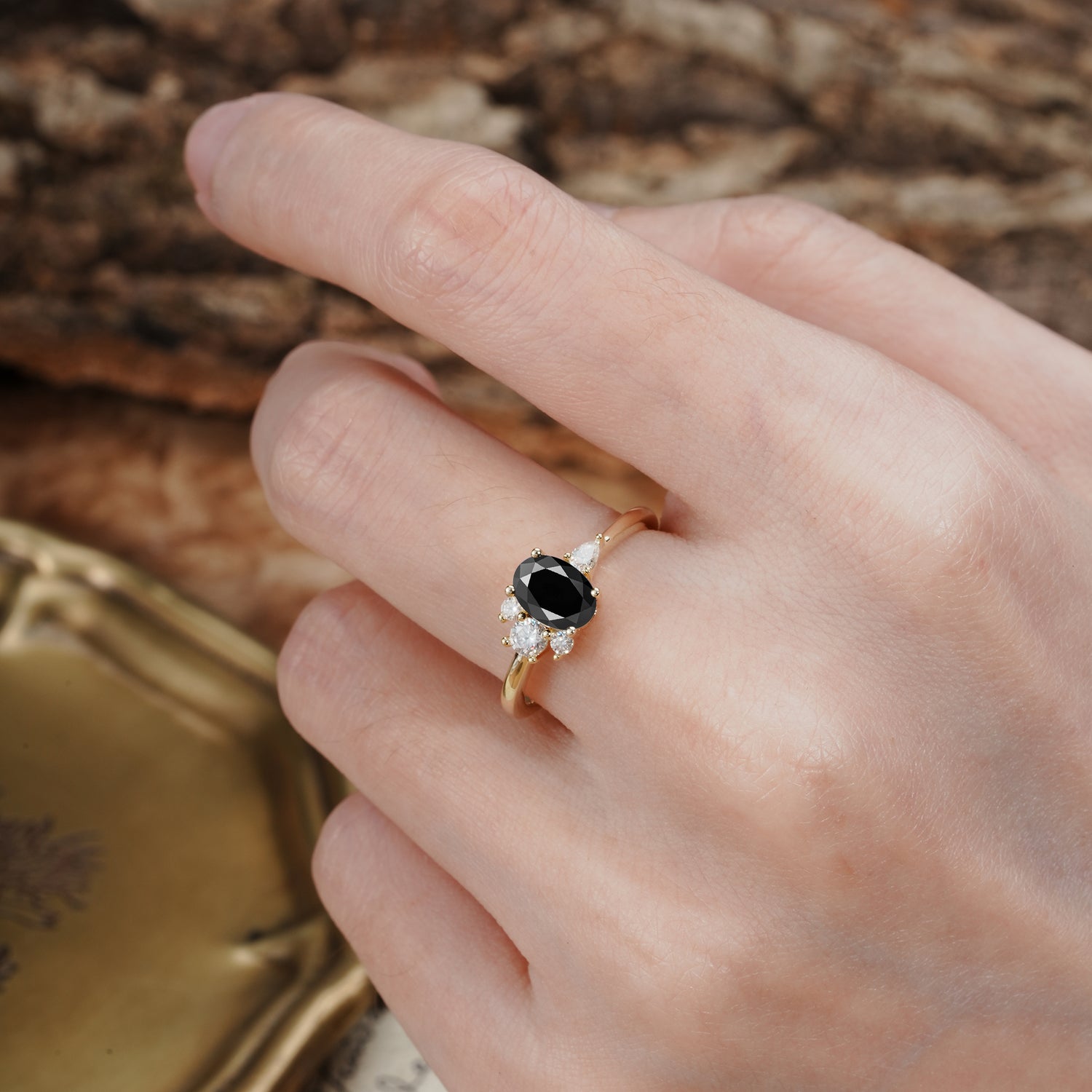 Unique & Classic 4-Prong Setting with Oval-Cut Side Stones Black Onyx Engagement Ring