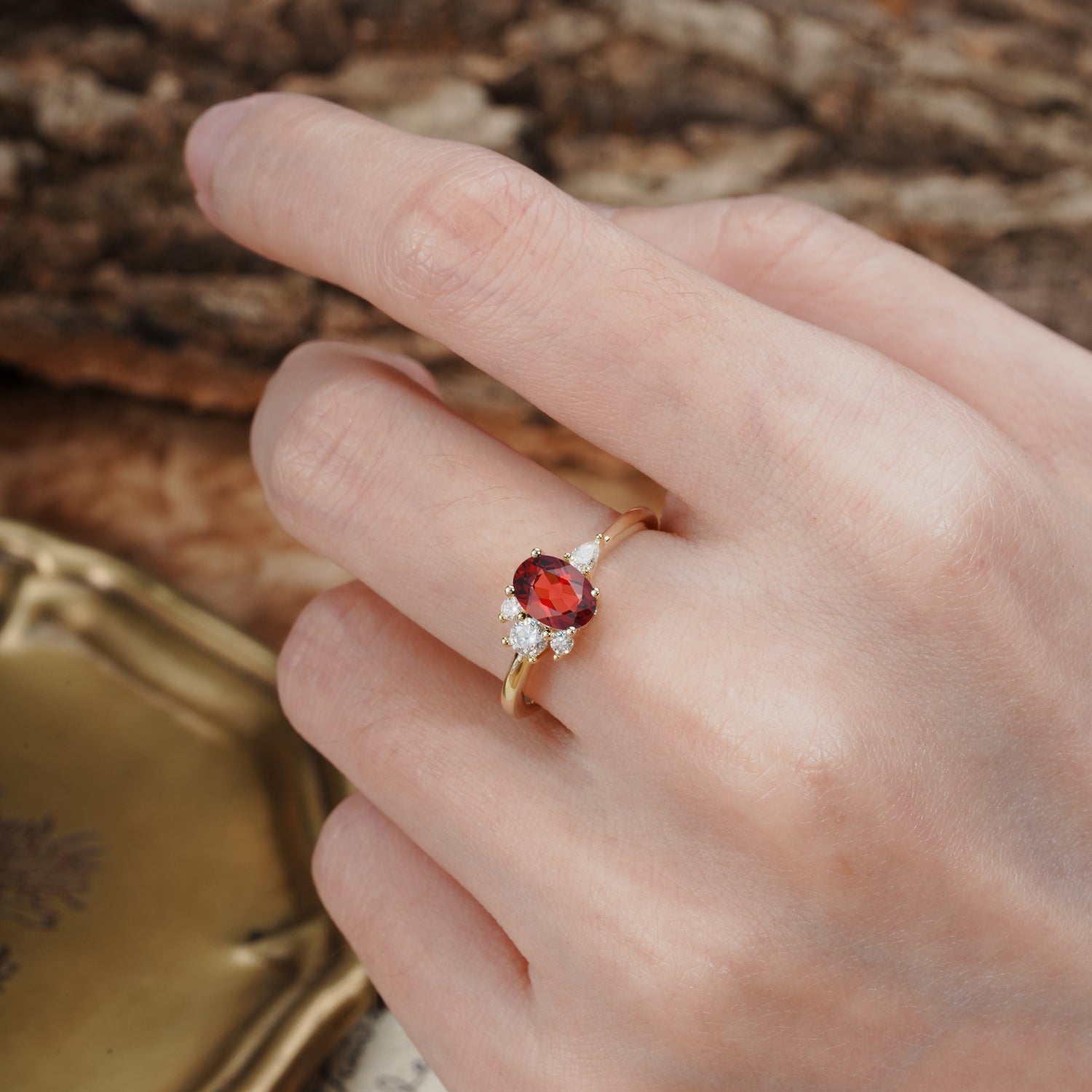 Unique & Classic 4-Prong Setting with Oval-Cut Side Stones Garnet Engagement Ring