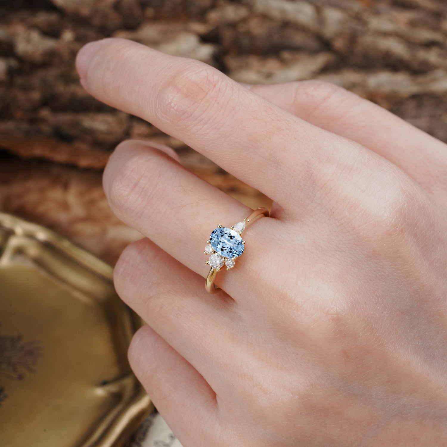 Unique & Classic 4-Prong Setting with Oval-Cut Side Stones Aquamarine Engagement Ring