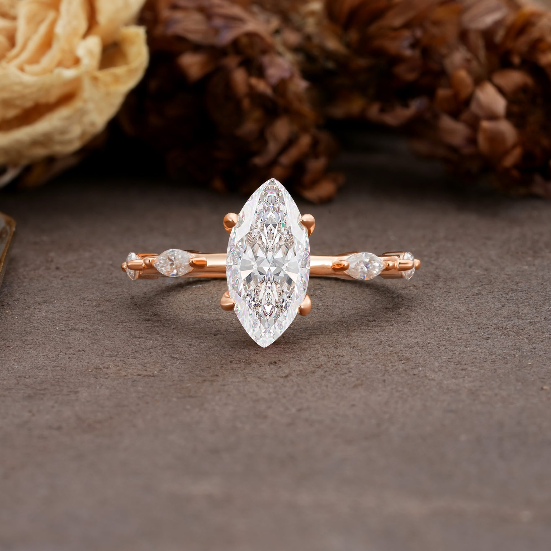 Unique, Minimalist 4-Prong Marquise Cut Moissanite Engagement Ring - Additional view