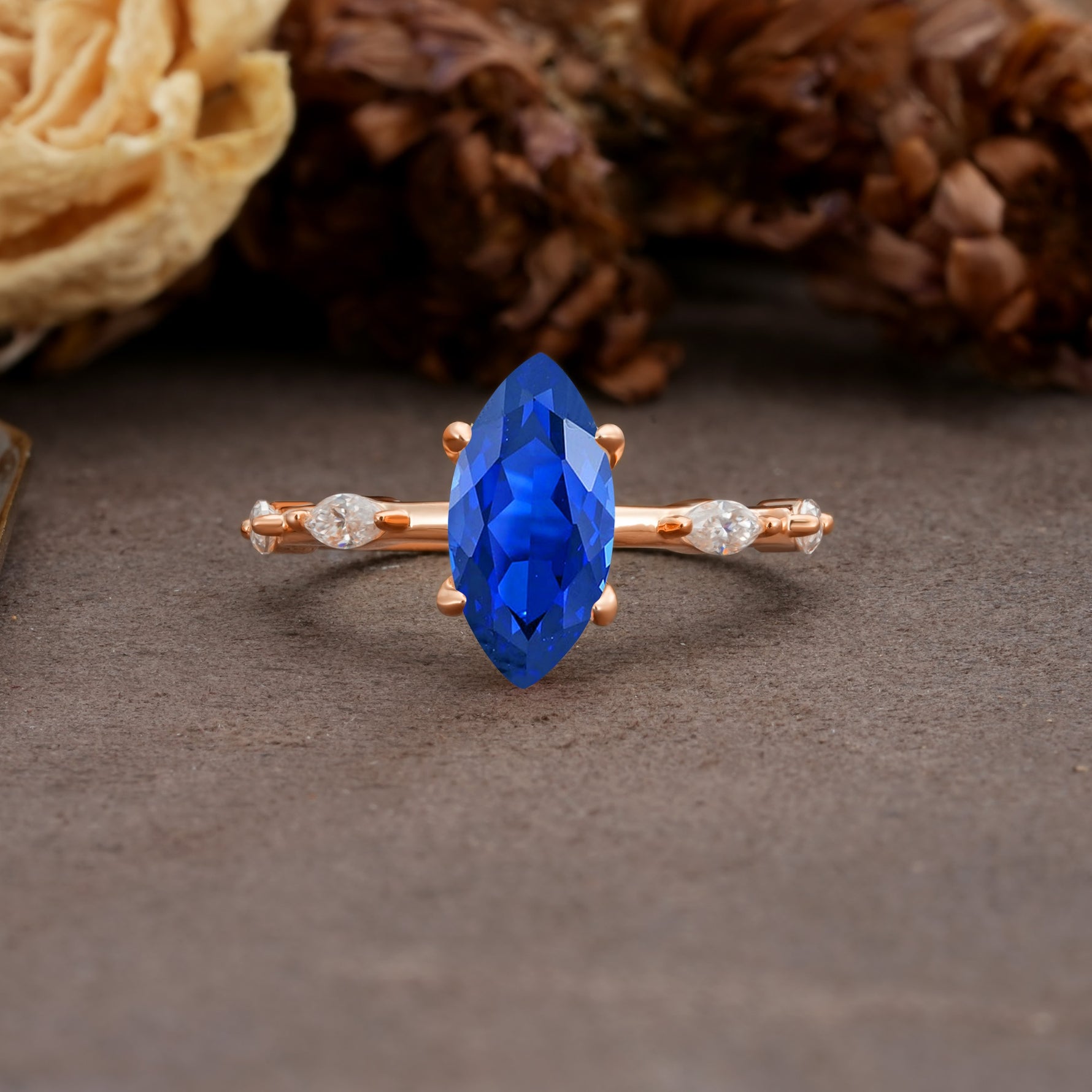 Unique, Minimalist 4-Prong Marquise Cut Sapphire Engagement Ring - Additional view