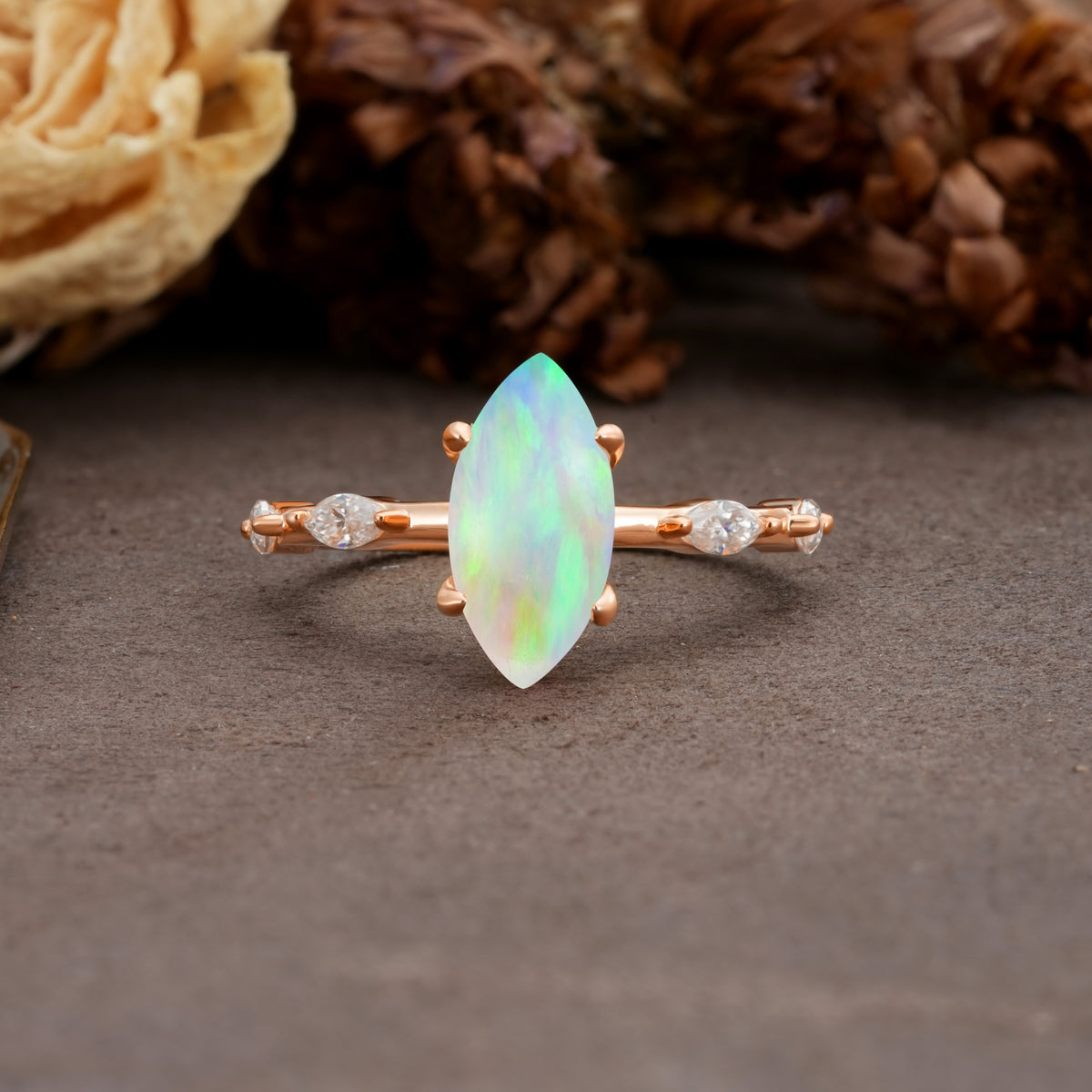Unique, Minimalist 4-Prong Marquise Cut Fire Opal Engagement Ring - Additional view