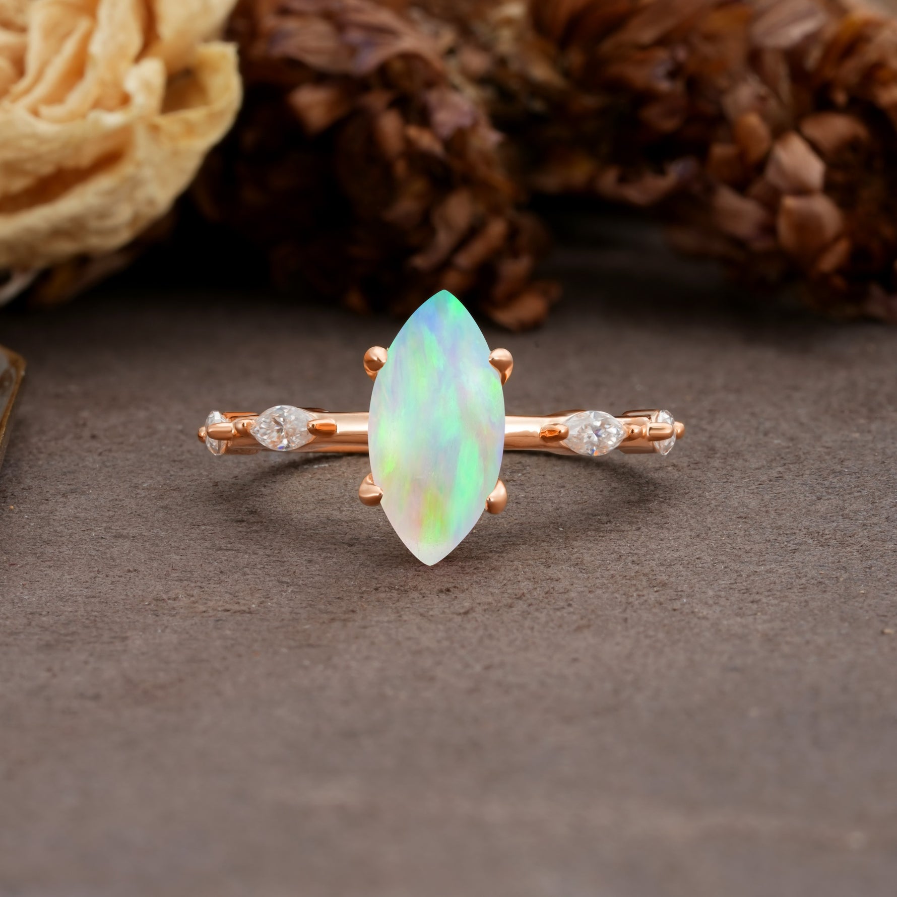 Unique, Minimalist 4-Prong Marquise Cut Fire Opal Engagement Ring - Additional view