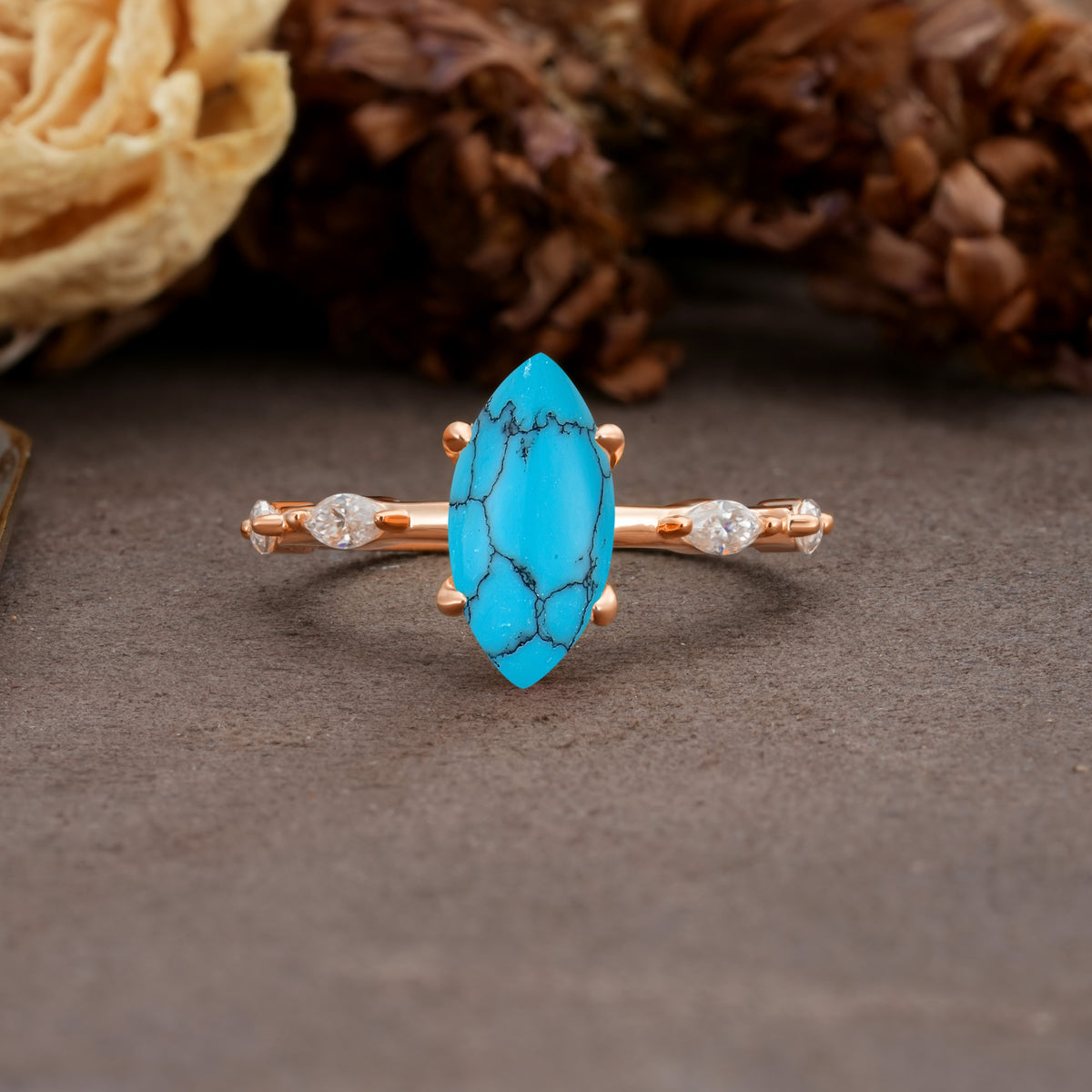 Unique, Minimalist 4-Prong Marquise Cut Turquoise Engagement Ring - Additional view