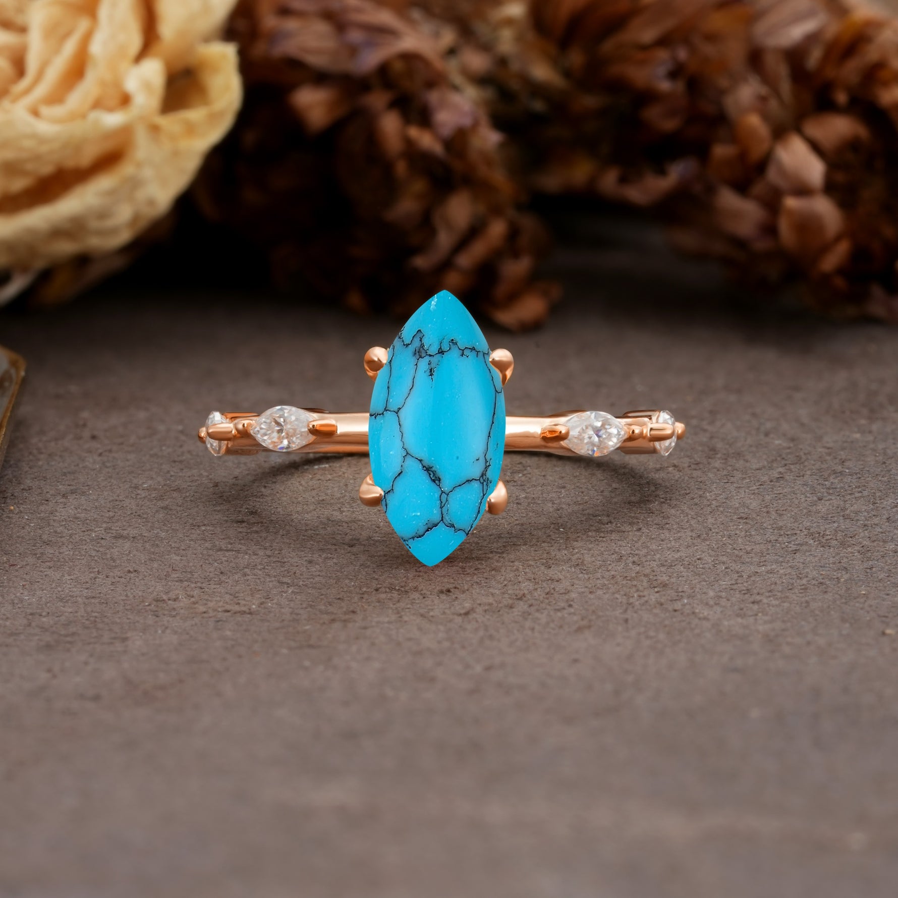 Unique, Minimalist 4-Prong Marquise Cut Turquoise Engagement Ring - Additional view