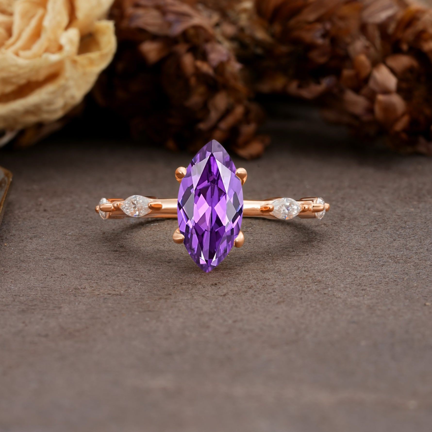 Unique, Minimalist 4-Prong Marquise Cut Amethyst Engagement Ring - Additional view