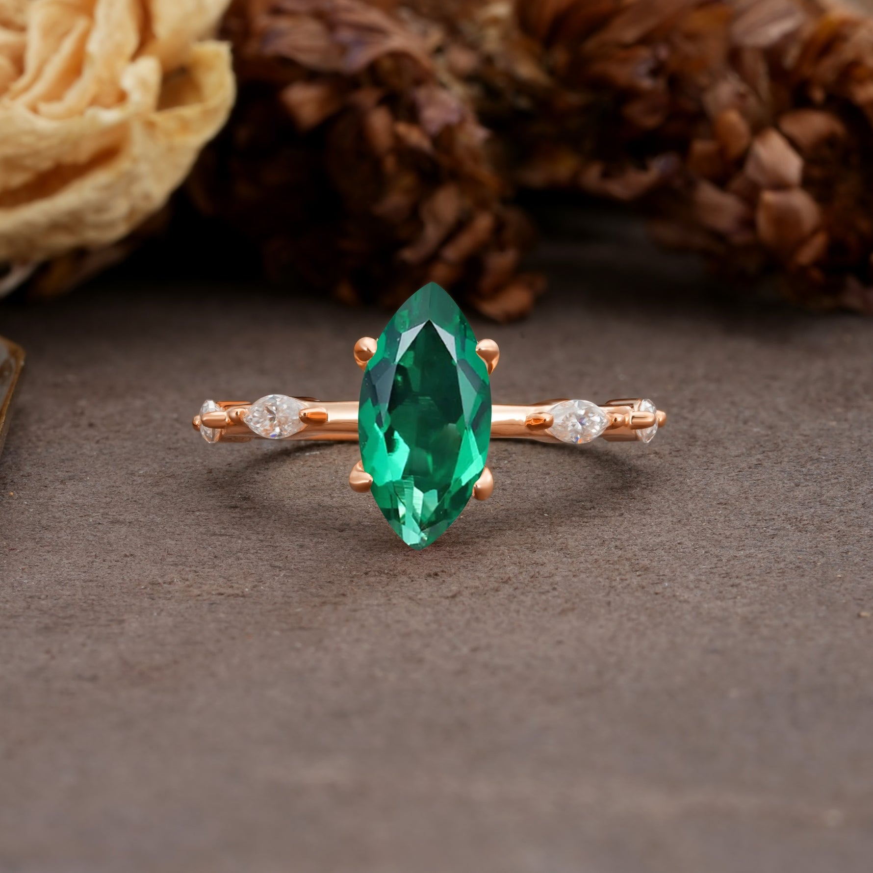 Unique, Minimalist 4-Prong Marquise Cut Emerald Engagement Ring - Additional view