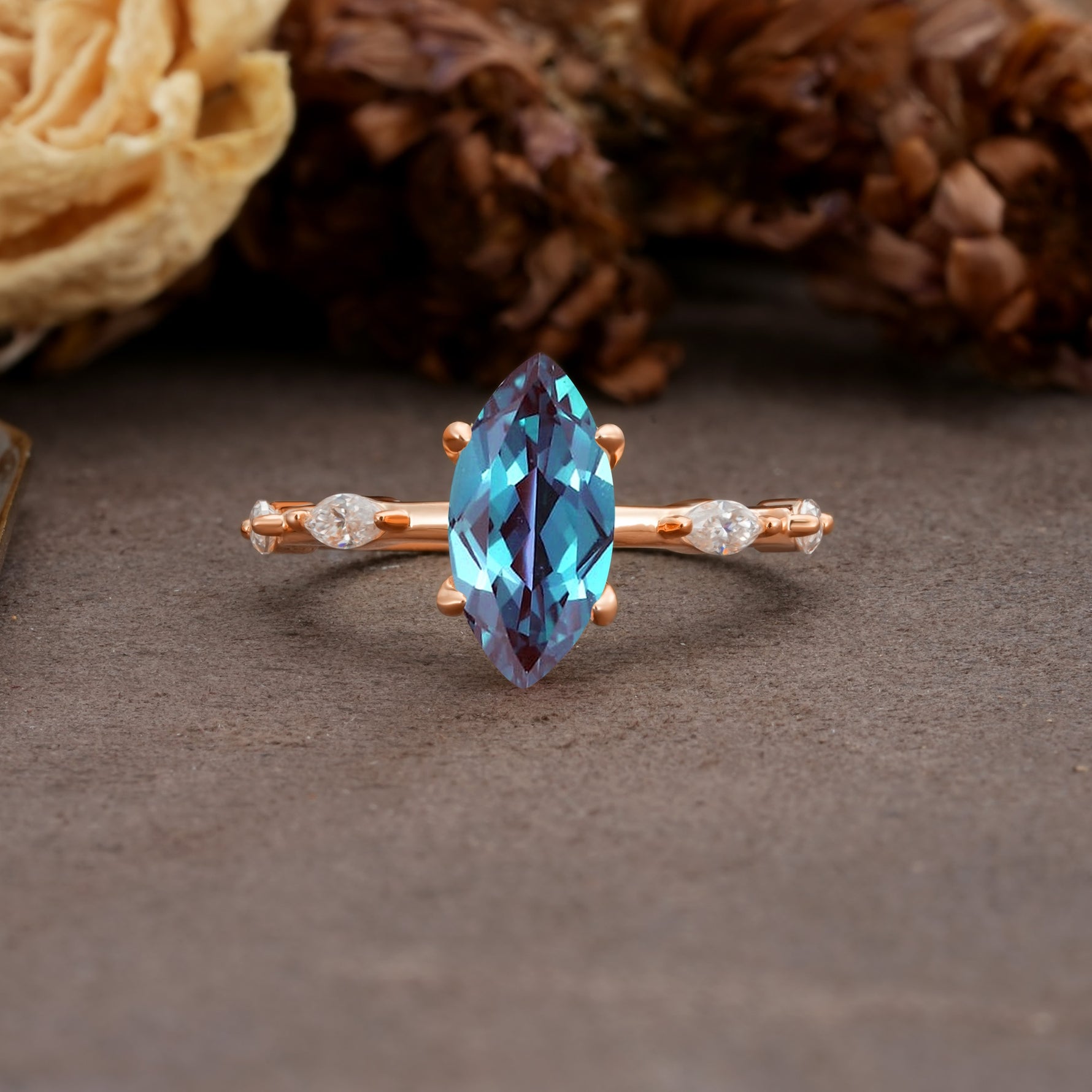 Unique, Minimalist 4-Prong Marquise Cut Alexandrite Engagement Ring - Additional view