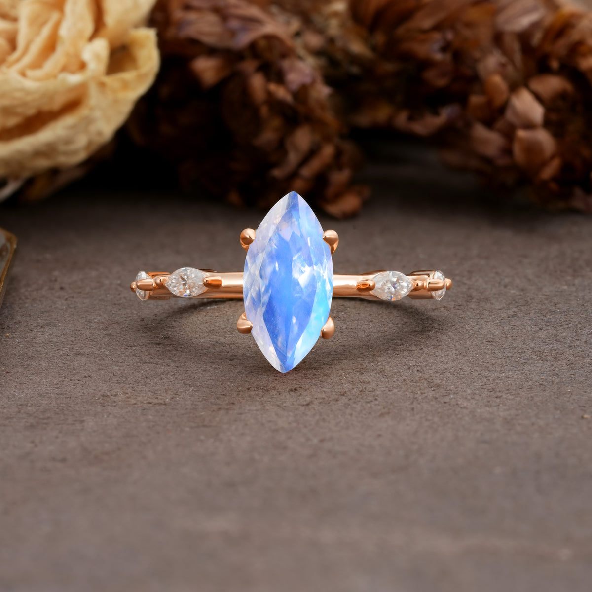 Unique, Minimalist 4-Prong Marquise Cut Moonstone Engagement Ring - Additional view