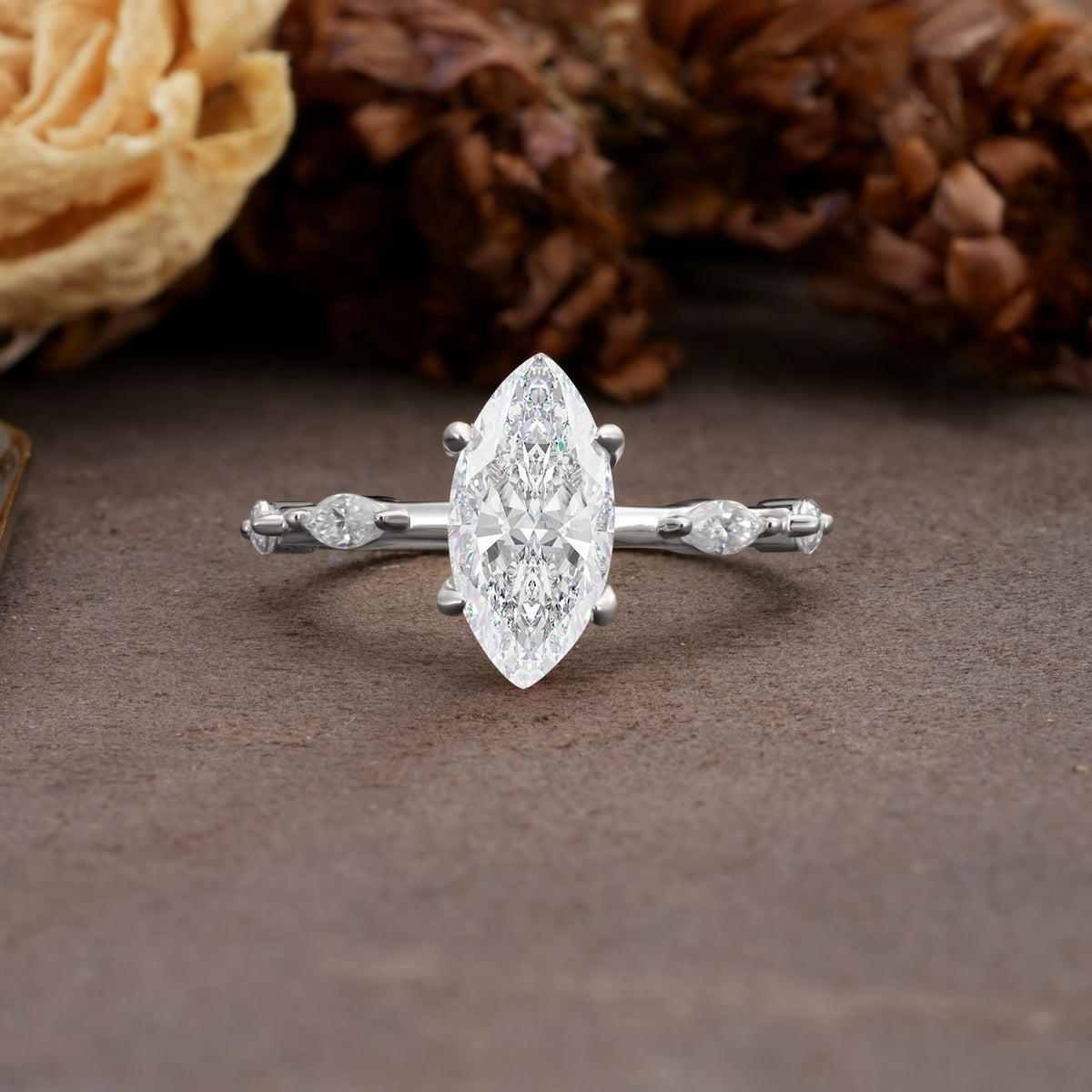 Unique, Minimalist 4-Prong Marquise Cut Moissanite Engagement Ring - Additional view