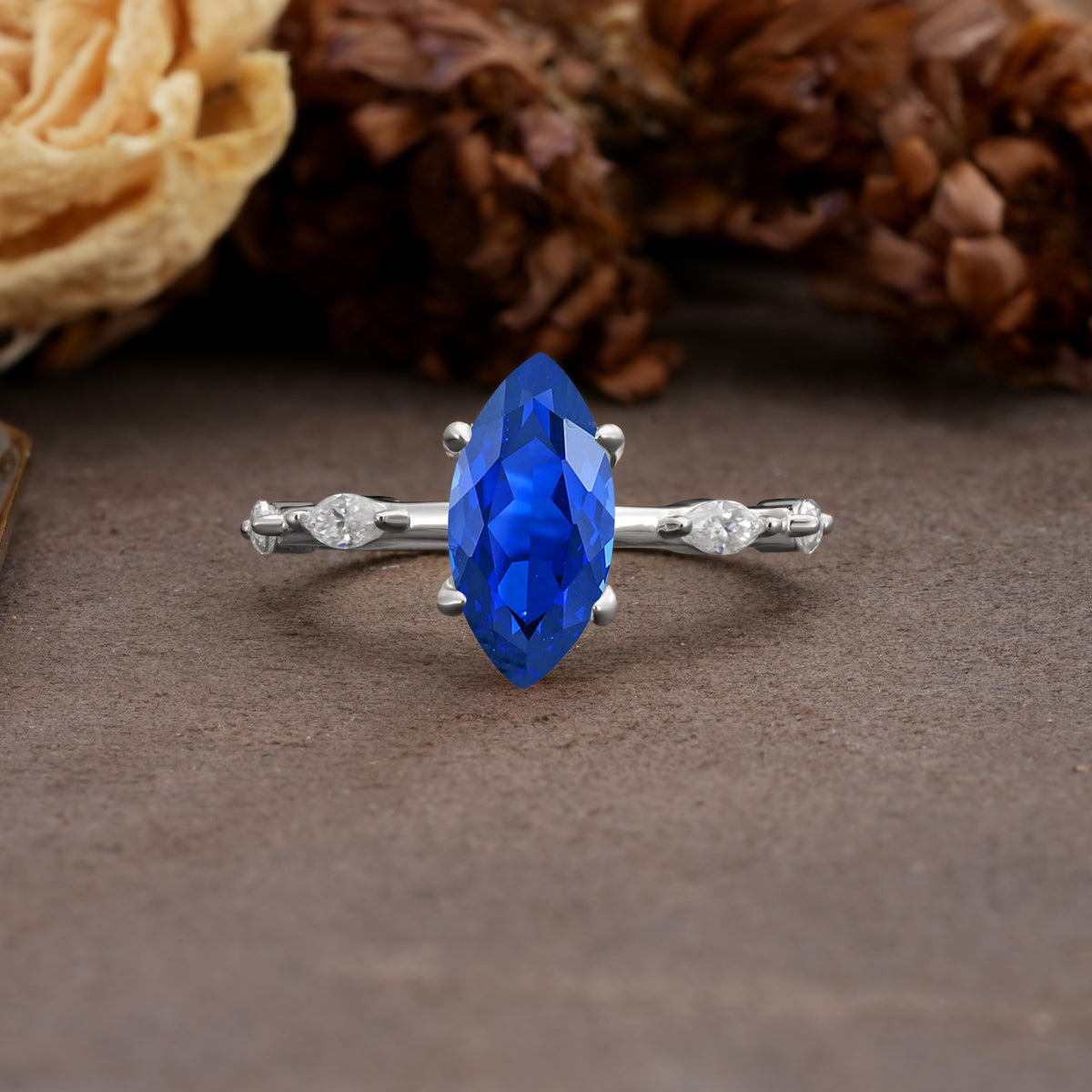 Unique, Minimalist 4-Prong Marquise Cut Sapphire Engagement Ring - Additional view