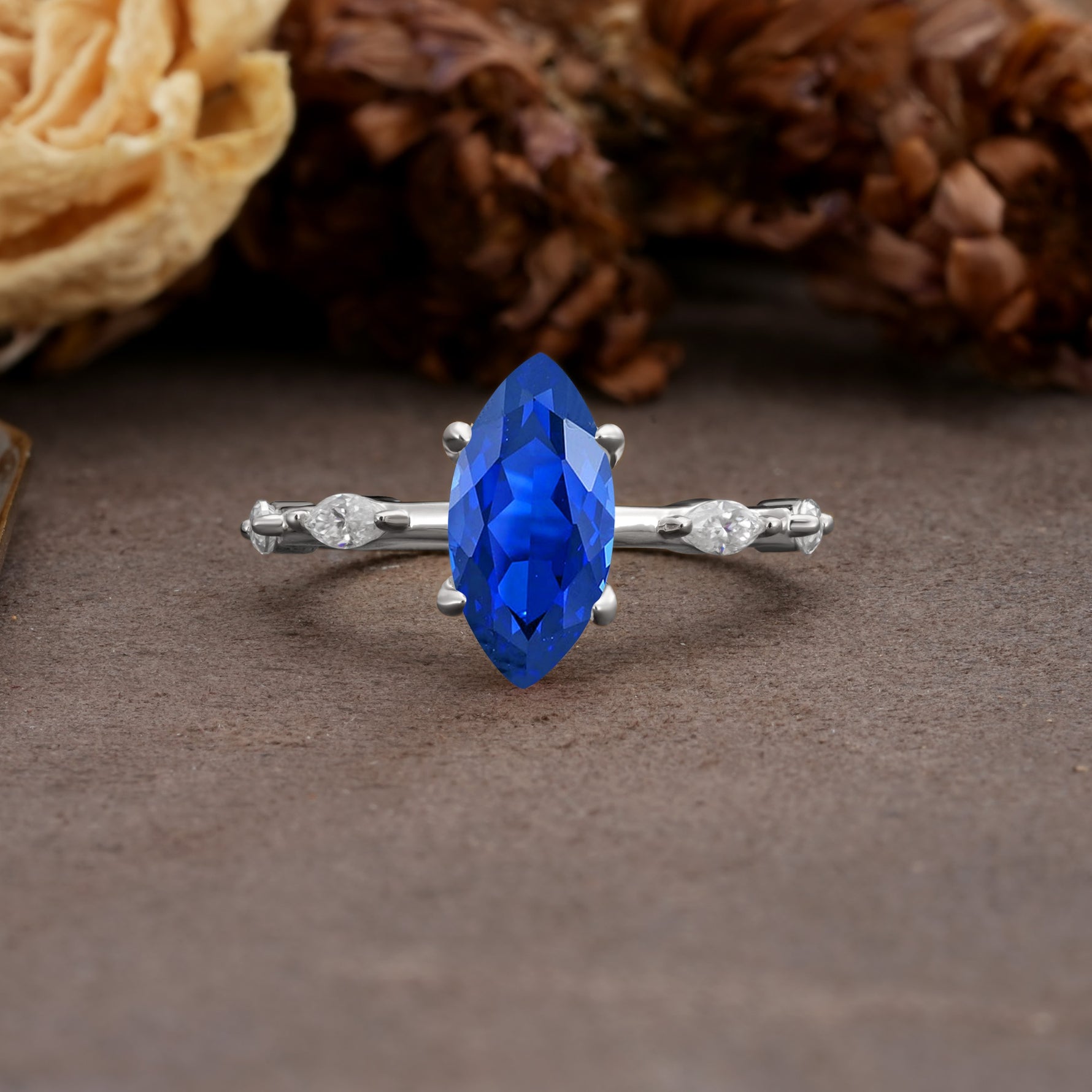 Unique, Minimalist 4-Prong Marquise Cut Sapphire Engagement Ring - Additional view