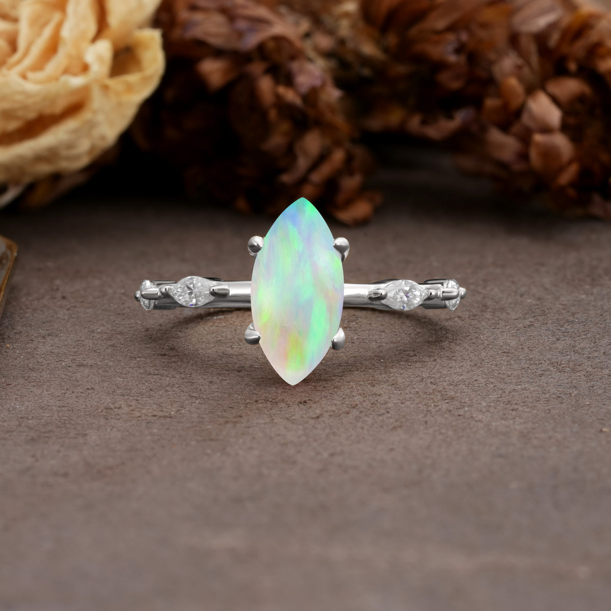 Unique, Minimalist 4-Prong Marquise Cut Fire Opal Engagement Ring - Additional view