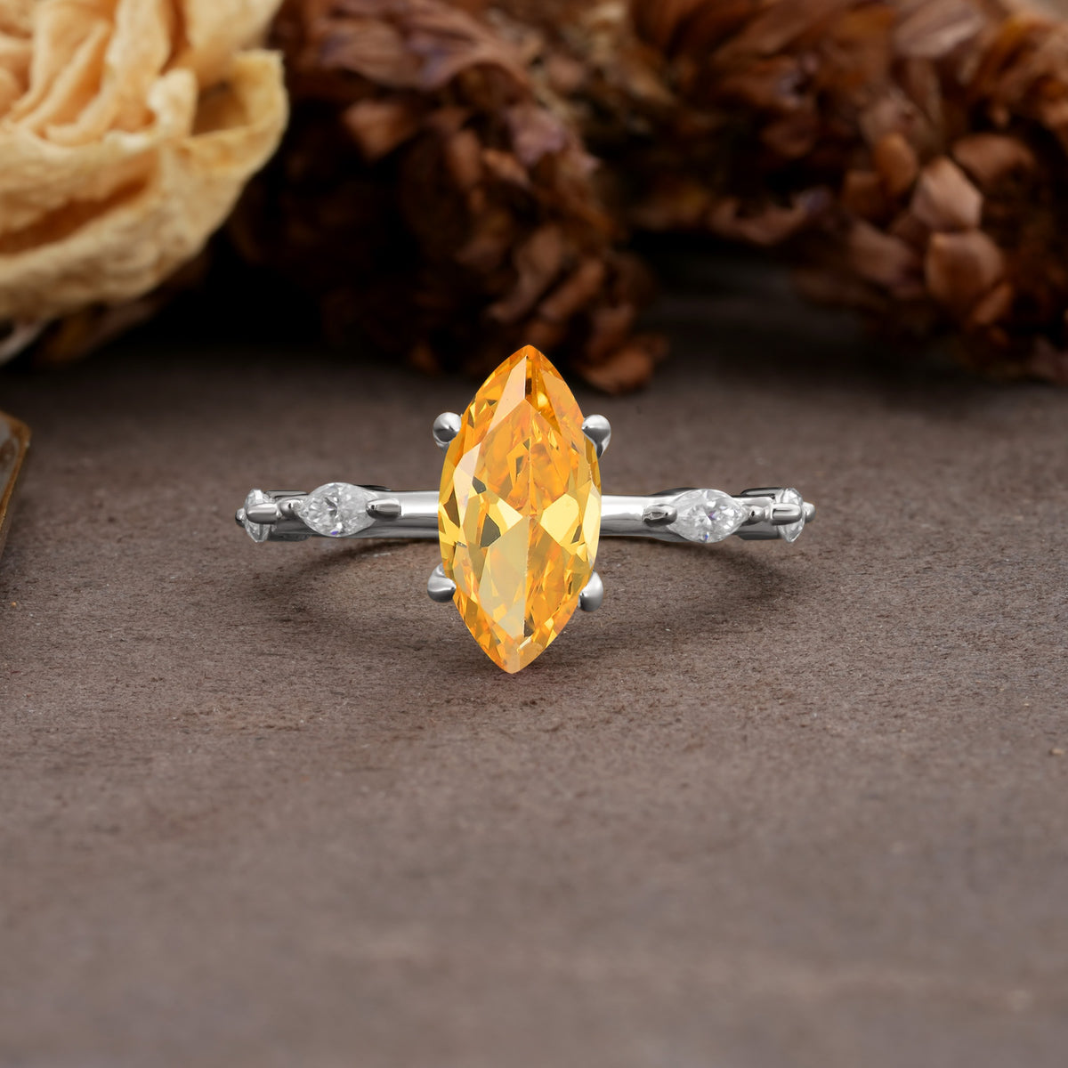 Unique, Minimalist 4-Prong Marquise Cut Citrine Engagement Ring - Additional view