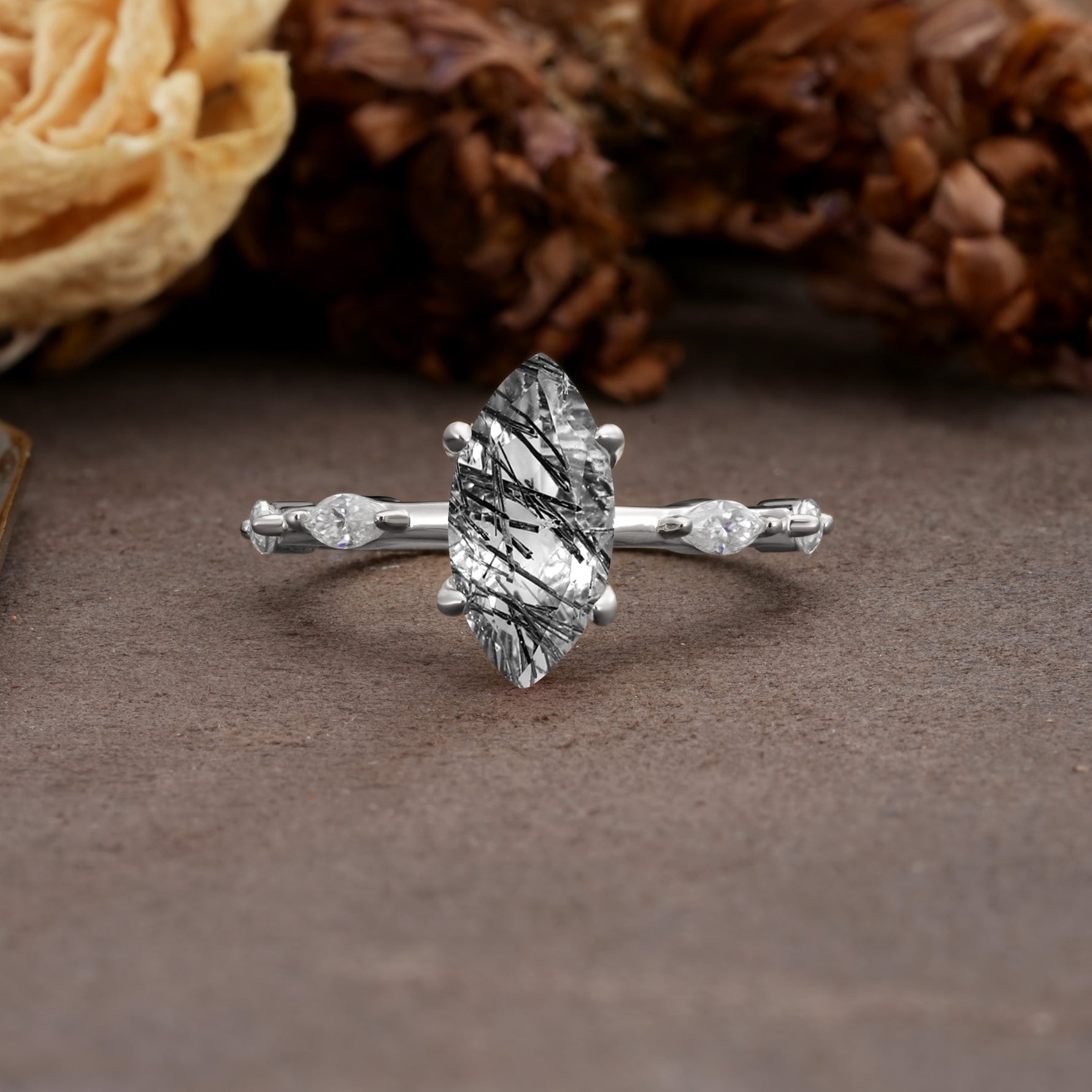 Unique, Minimalist 4-Prong Marquise Cut Black Rutilated Quartz Engagement Ring - Additional view