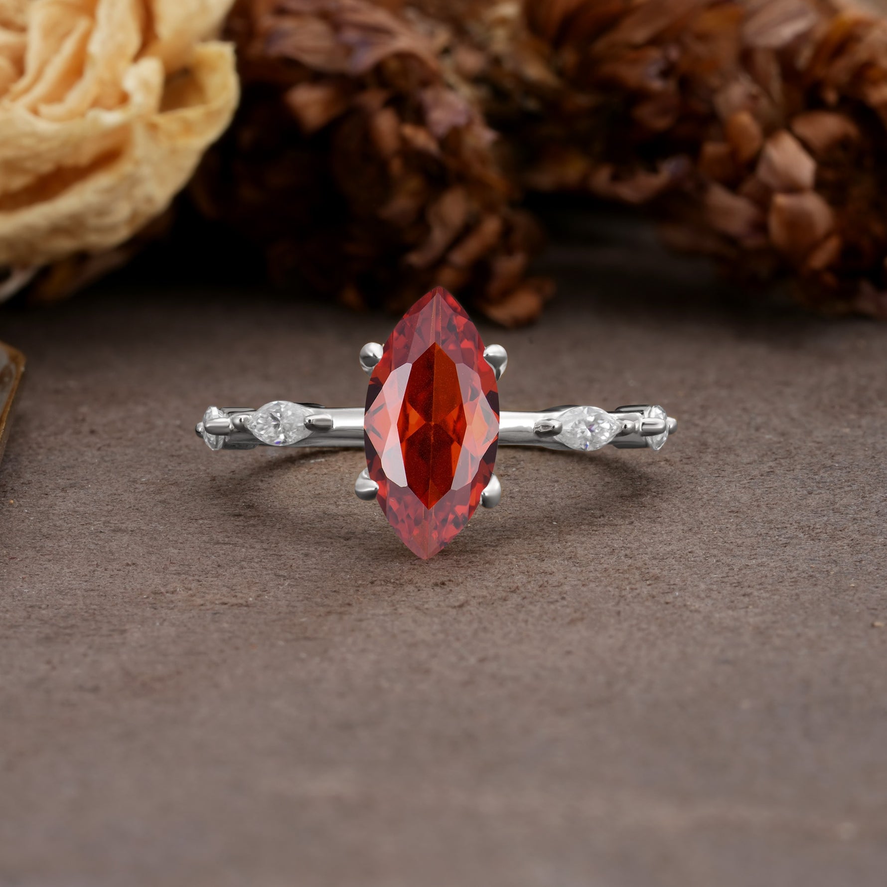 Unique, Minimalist 4-Prong Marquise Cut Garnet Engagement Ring - Additional view