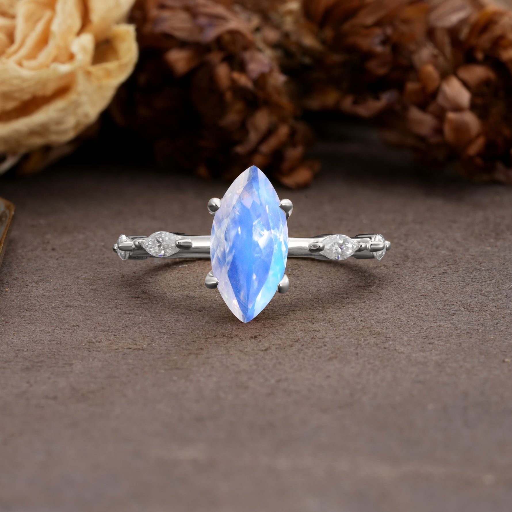 Unique, Minimalist 4-Prong Marquise Cut Moonstone Engagement Ring - Additional view