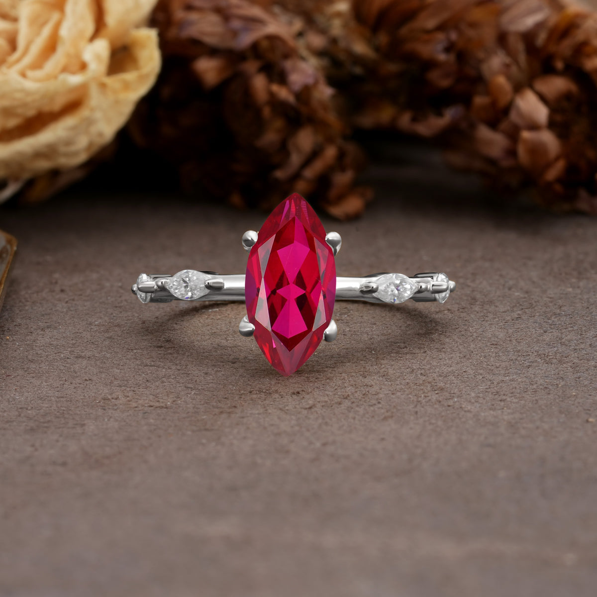 Unique, Minimalist 4-Prong Marquise Cut Ruby Engagement Ring - Additional view