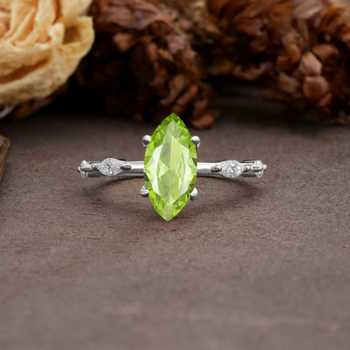 Unique, Minimalist 4-Prong Marquise Cut Peridot Engagement Ring - Additional view