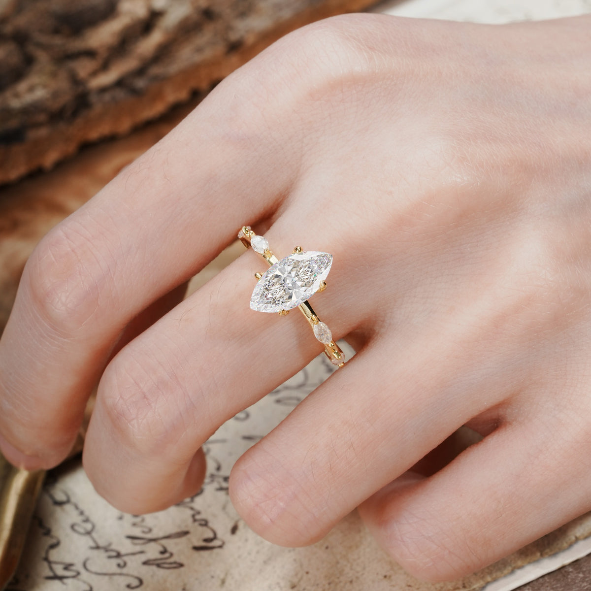 Unique, Minimalist 4-Prong Marquise Cut Moissanite Engagement Ring - Additional view