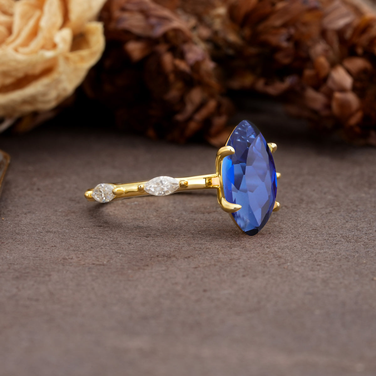 Unique, Minimalist 4-Prong Marquise Cut Sapphire Engagement Ring - Additional view