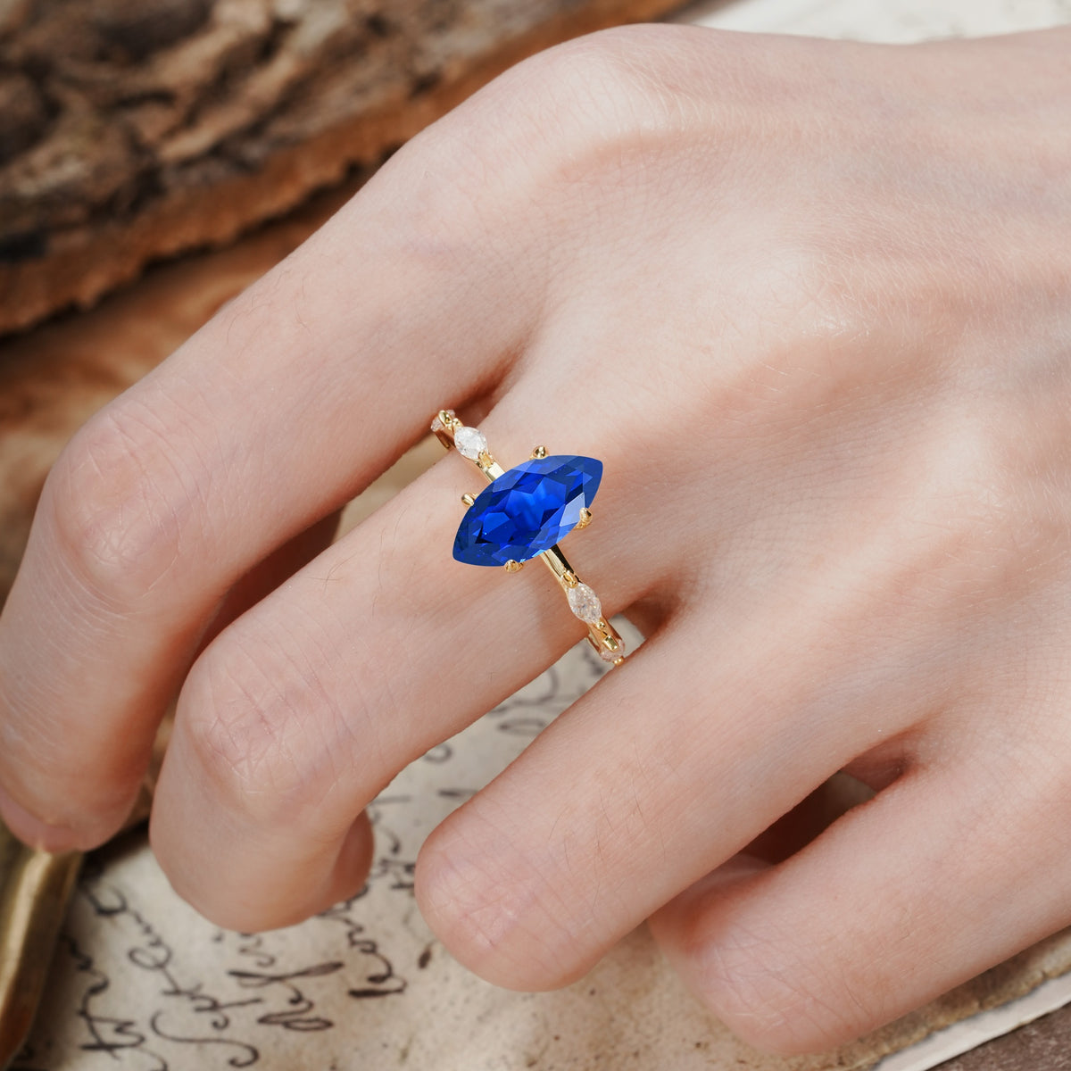 Unique, Minimalist 4-Prong Marquise Cut Sapphire Engagement Ring - Additional view