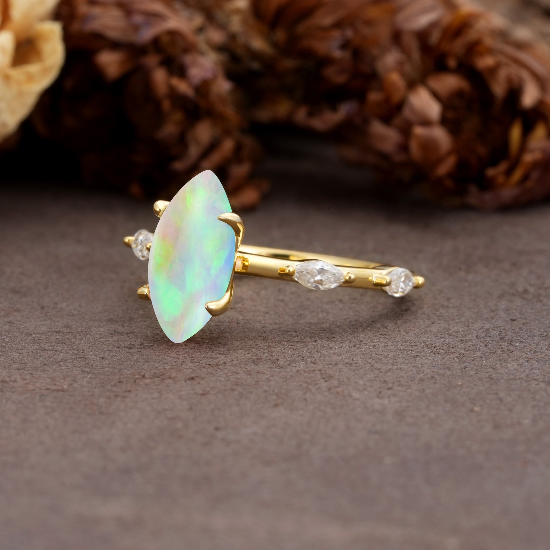 Unique, Minimalist 4-Prong Marquise Cut Fire Opal Engagement Ring - Additional view