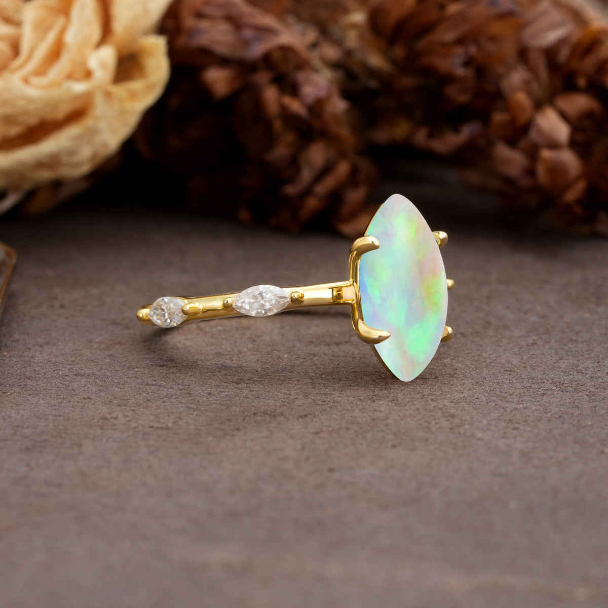 Unique, Minimalist 4-Prong Marquise Cut Fire Opal Engagement Ring - Additional view