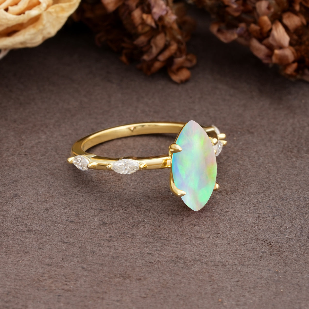 Unique, Minimalist 4-Prong Marquise Cut Fire Opal Engagement Ring - Additional view