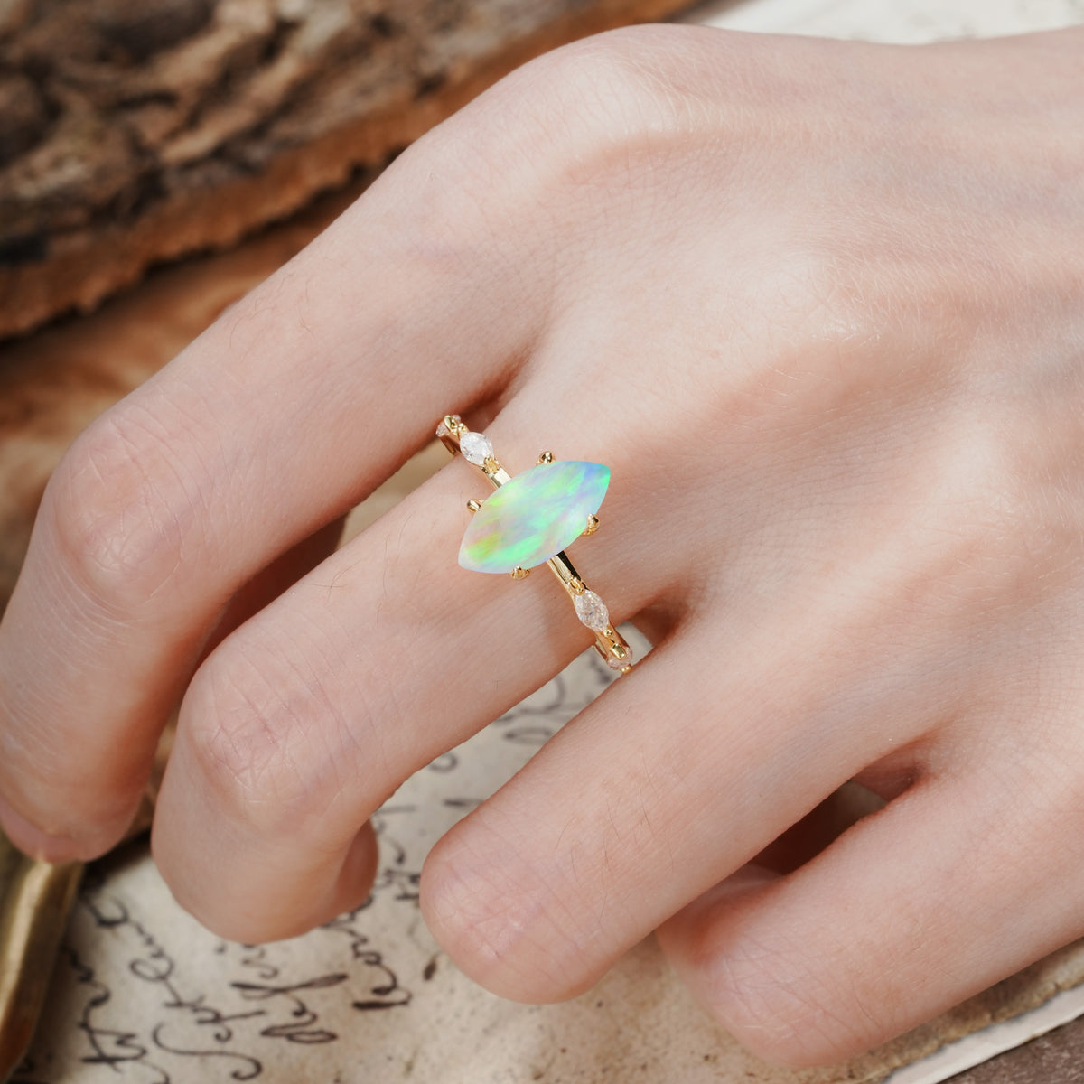 Unique, Minimalist 4-Prong Marquise Cut Fire Opal Engagement Ring - Additional view