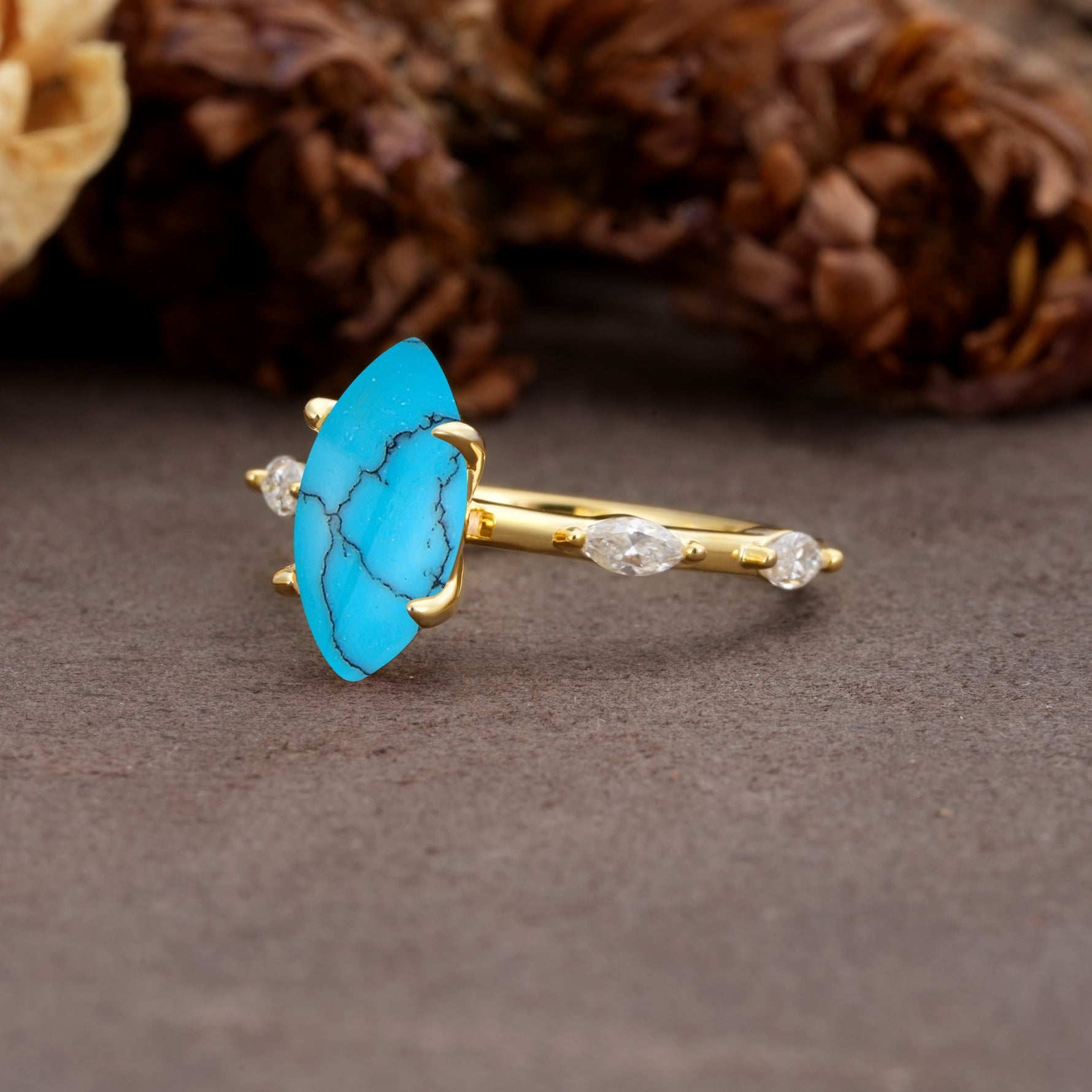 Unique, Minimalist 4-Prong Marquise Cut Turquoise Engagement Ring - Additional view