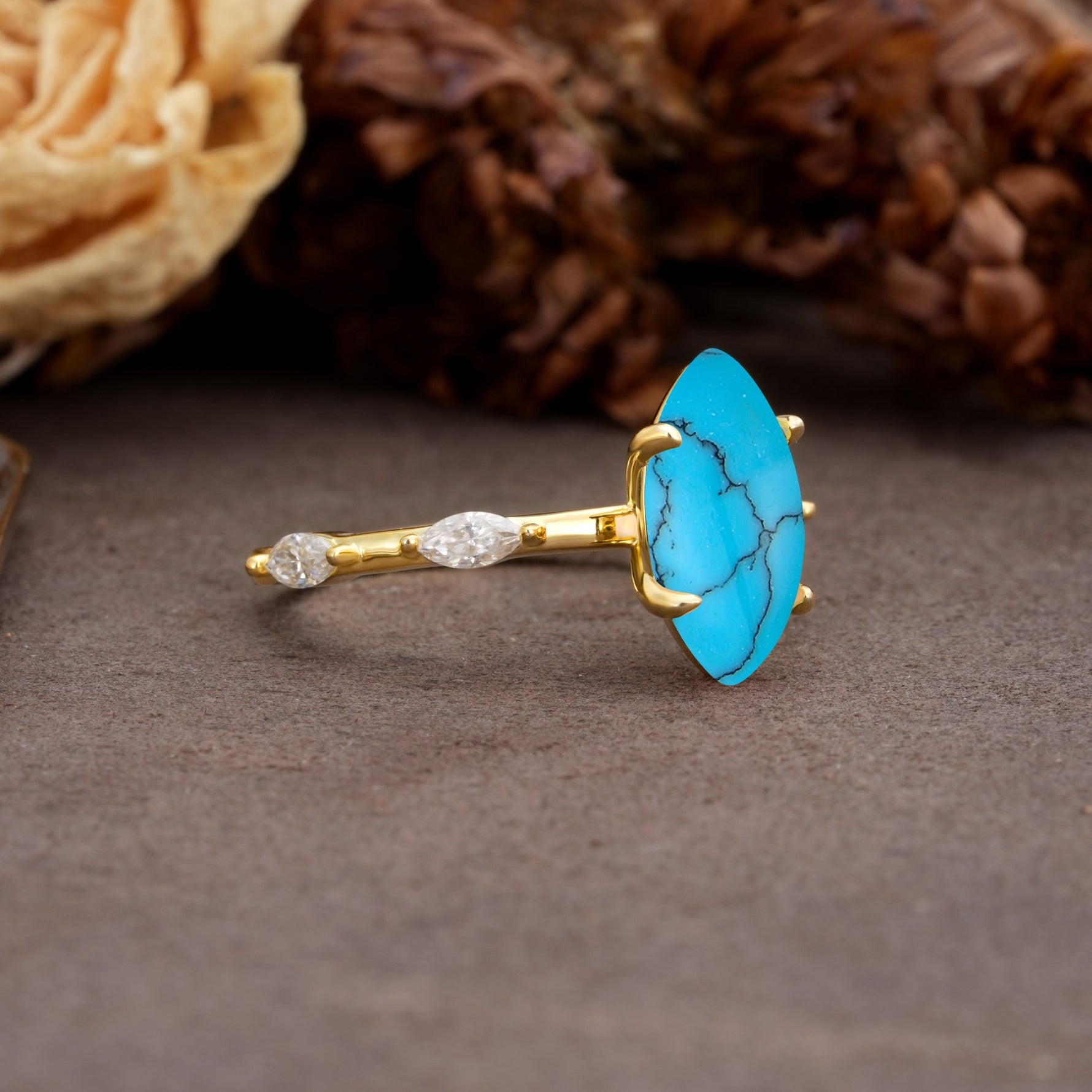 Unique, Minimalist 4-Prong Marquise Cut Turquoise Engagement Ring - Additional view