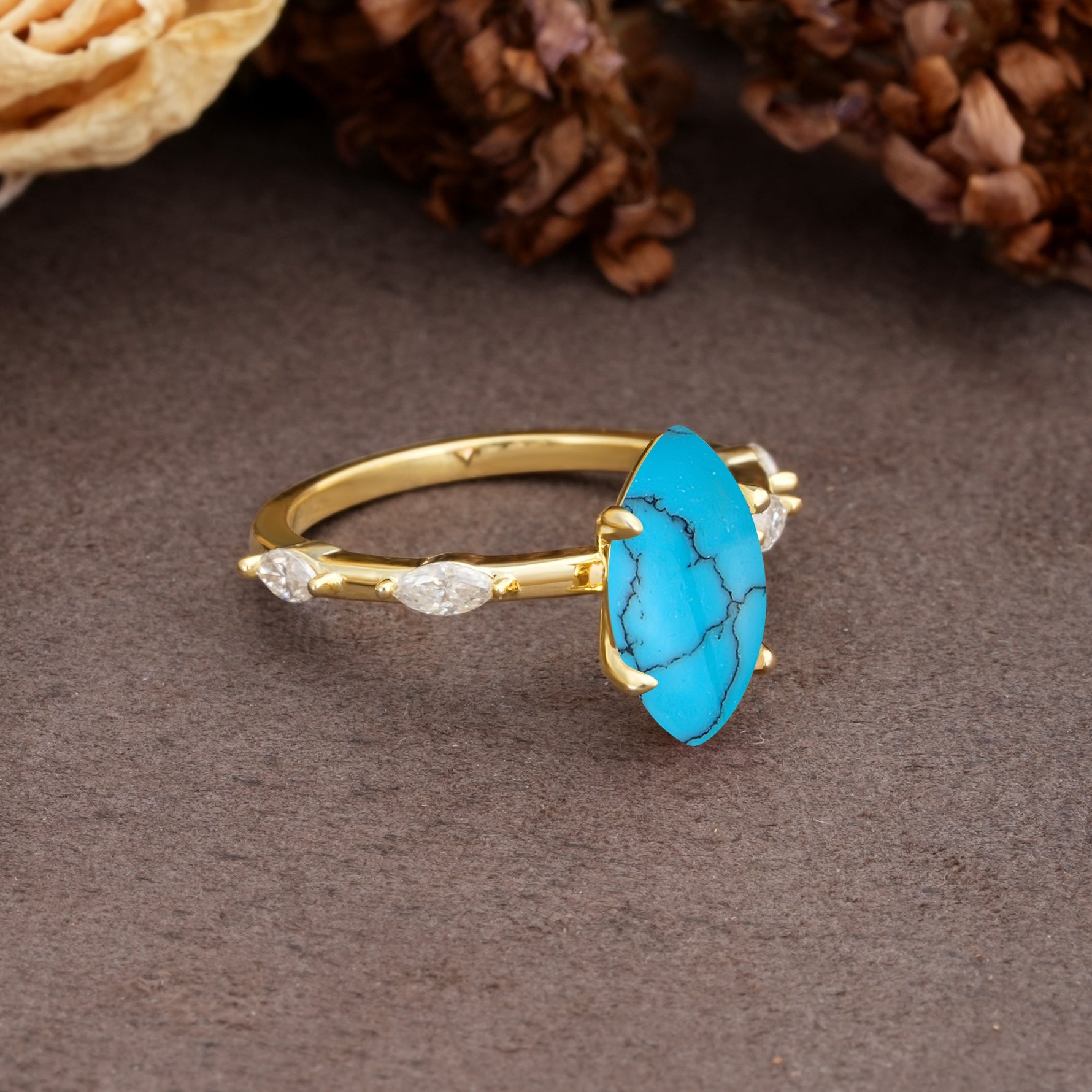 Unique, Minimalist 4-Prong Marquise Cut Turquoise Engagement Ring - Additional view